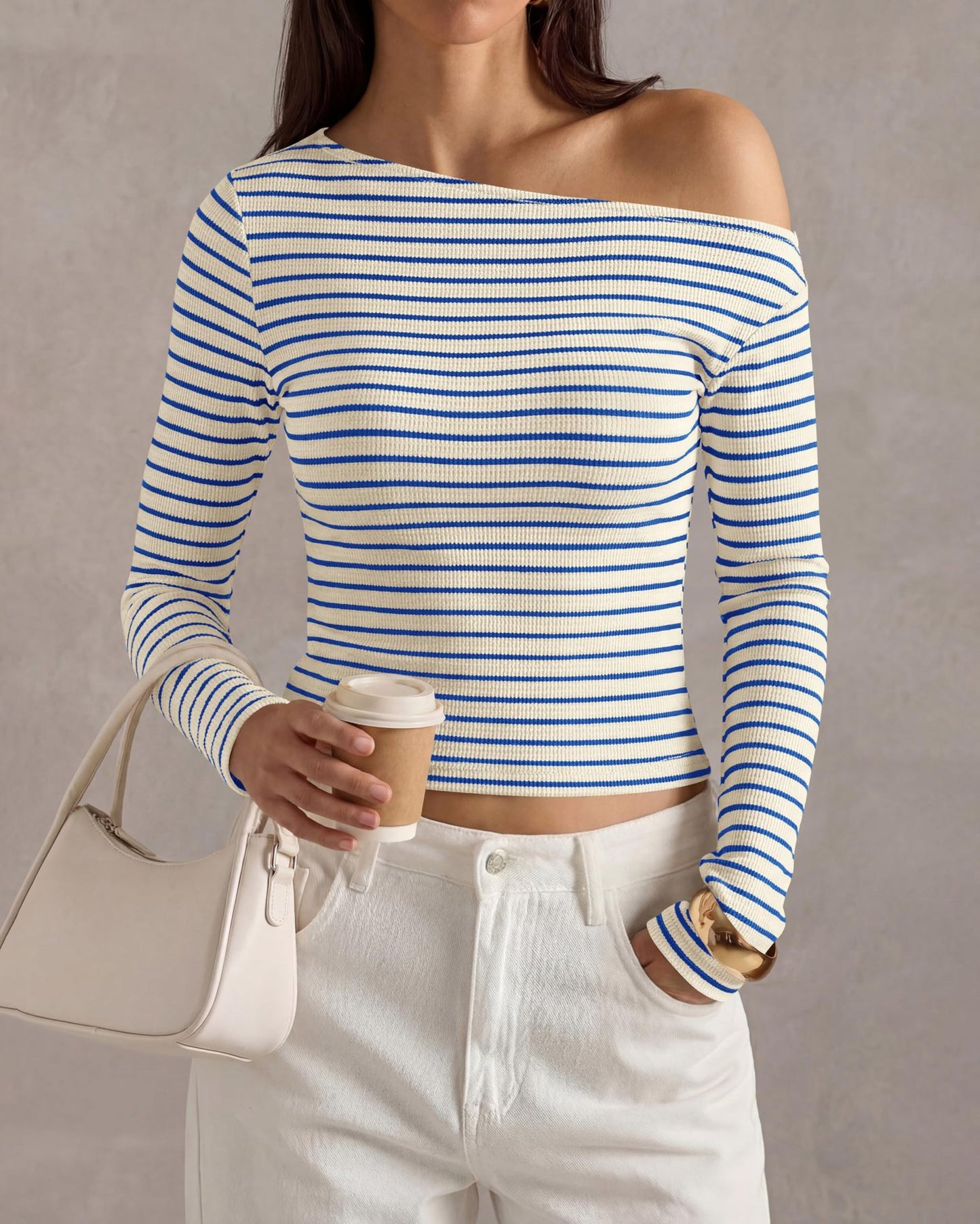 Ribbed Off Shoulder Striped Long Sleeve Knit Top