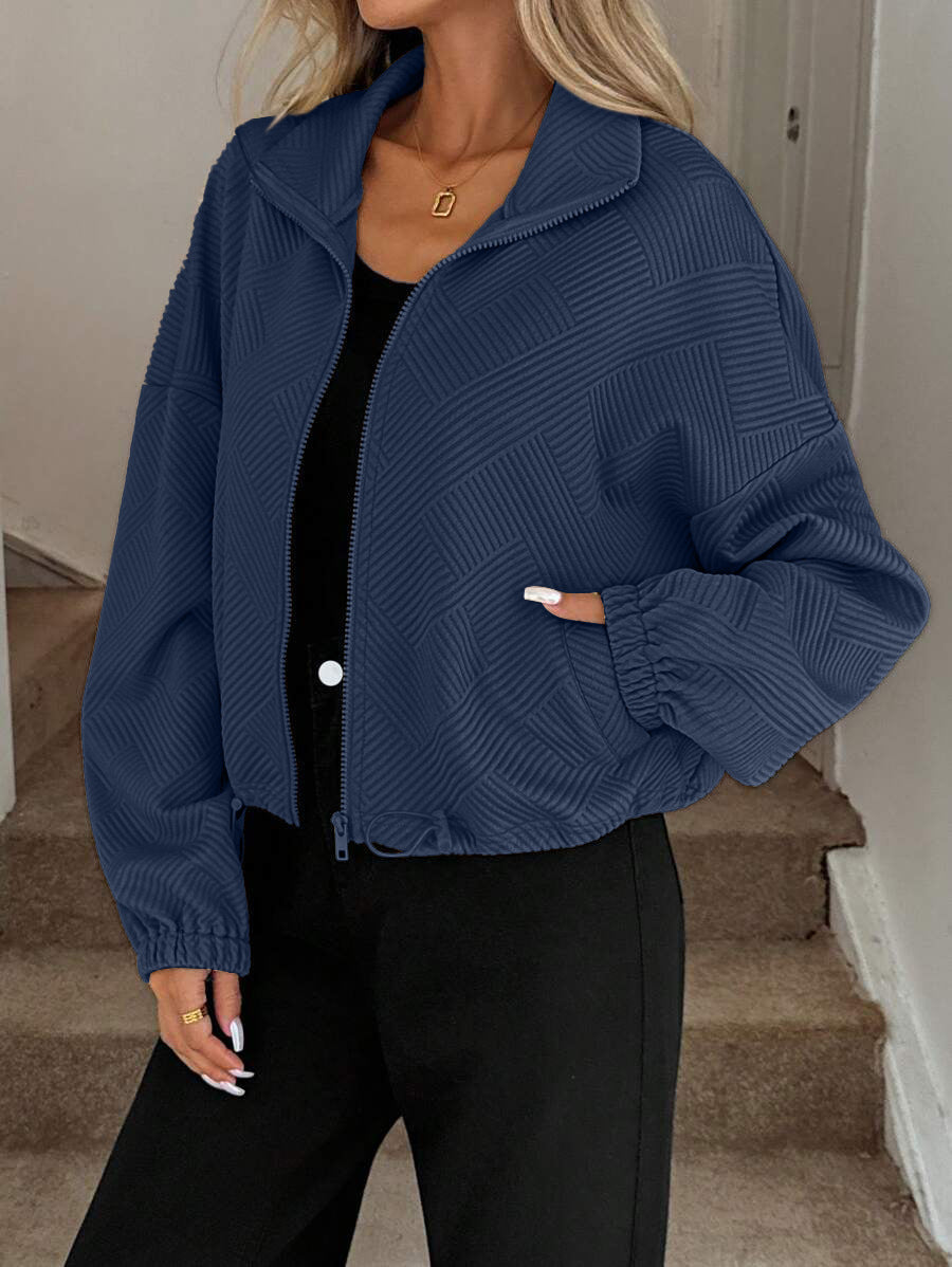 Textured Polyester Jacket Casual Bomber Oversized Zip Up
