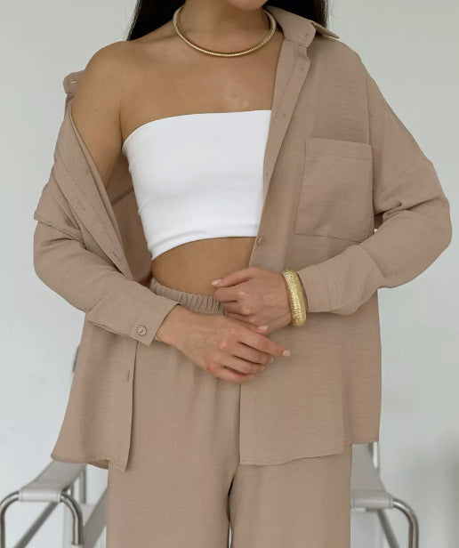 Two Piece Pants Set with Button-Down Shirt & Wide-Leg Pants