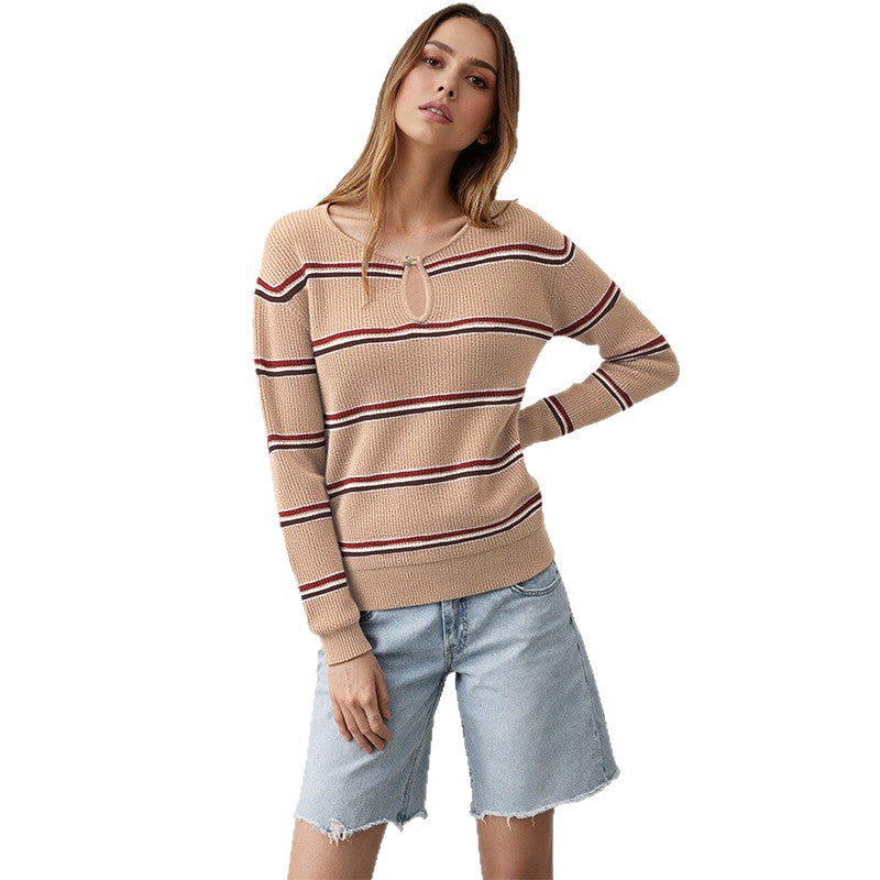 Women's Striped Long Sleeve Keyhole Knit Sweater