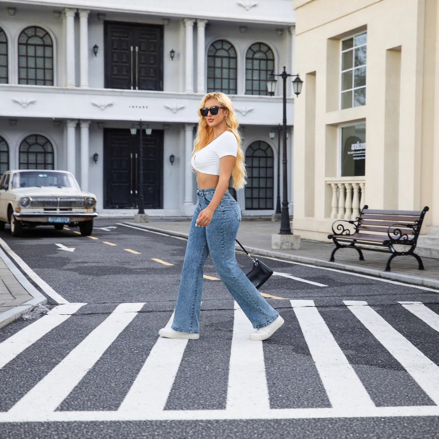 High Waist Washed Wide Leg Denim Jeans for Women