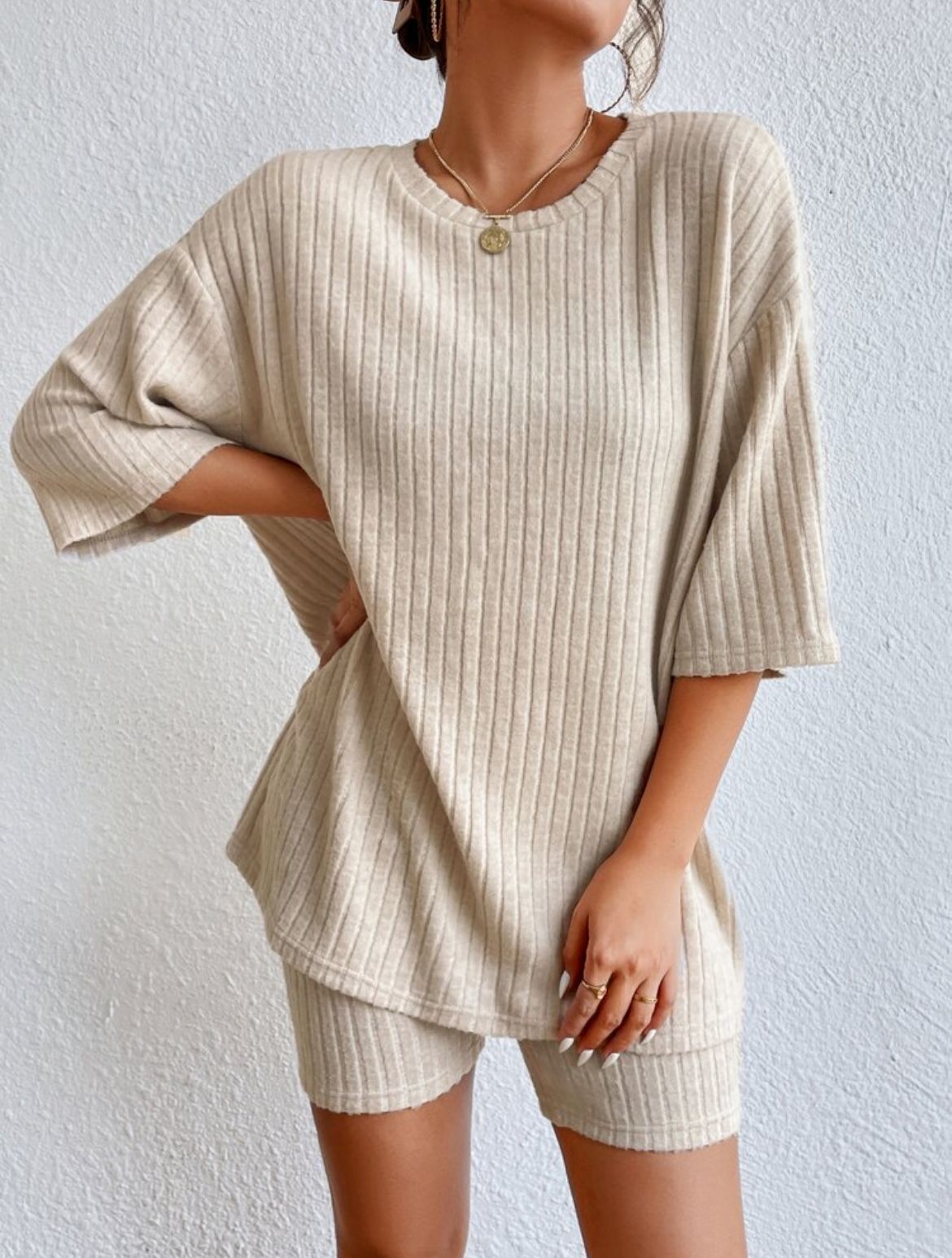 Ribbed Knit Two Piece Set Oversized Top & Biker Shorts