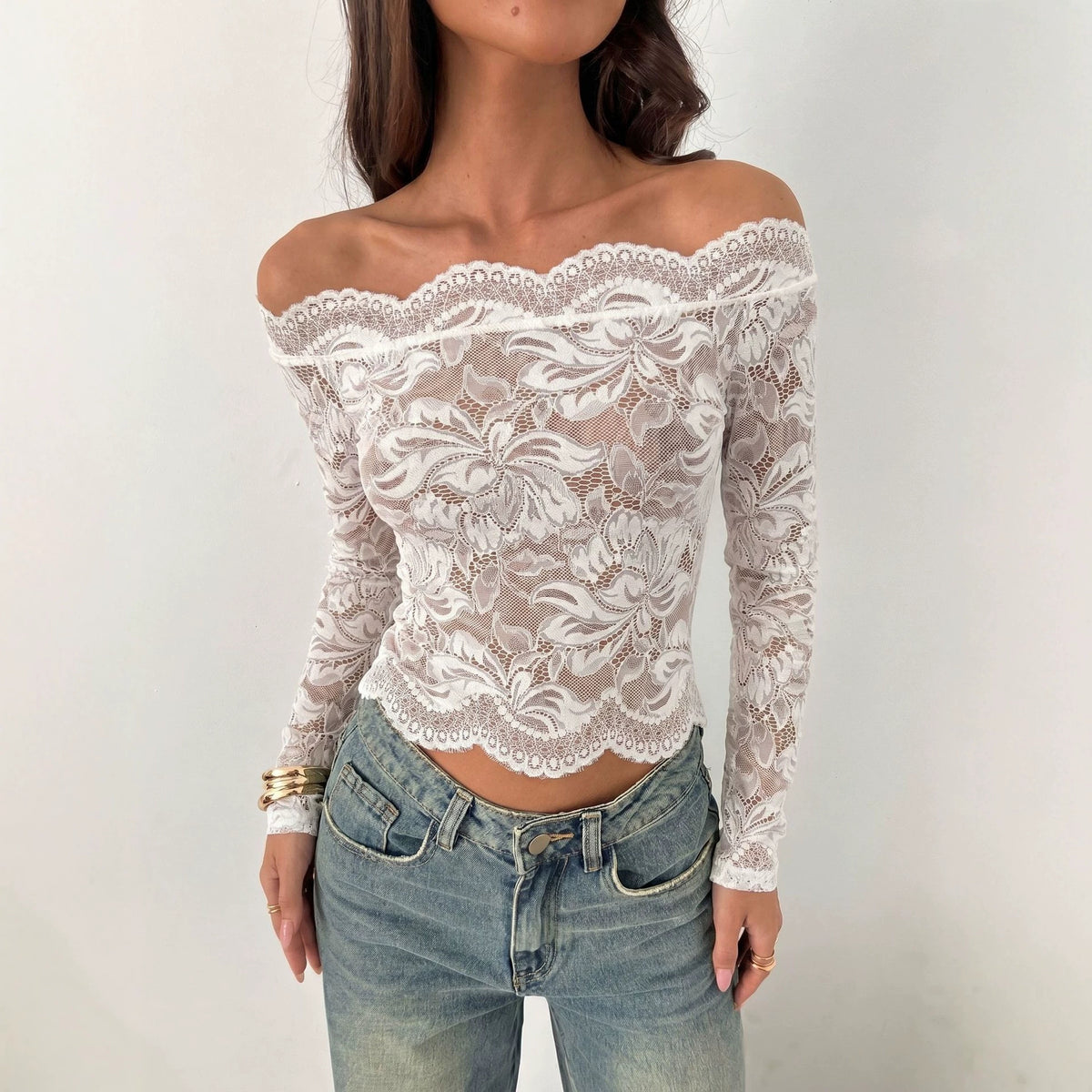 Womens Off Shoulder Lace Crop Top Long Sleeve Floral Sexy