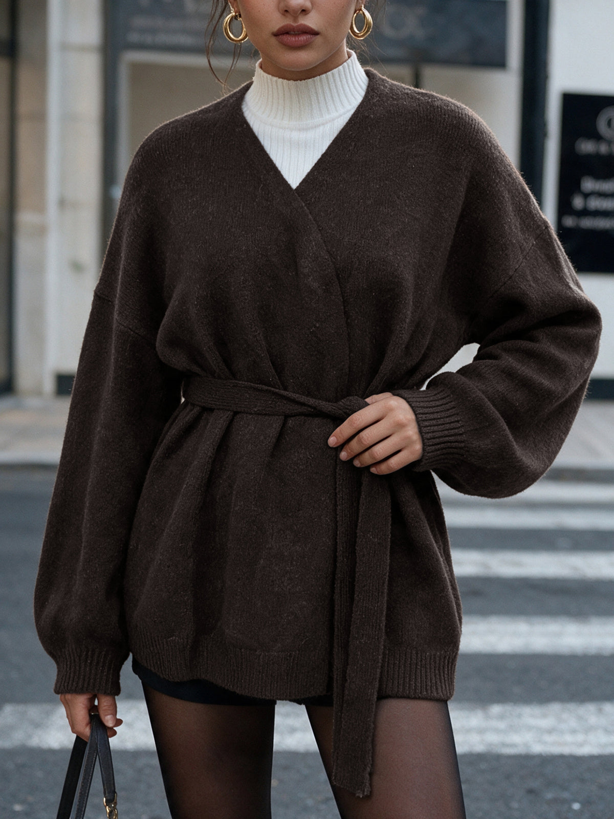 Women's Oversized Belted Cardigan V-Neck Knit Sweater