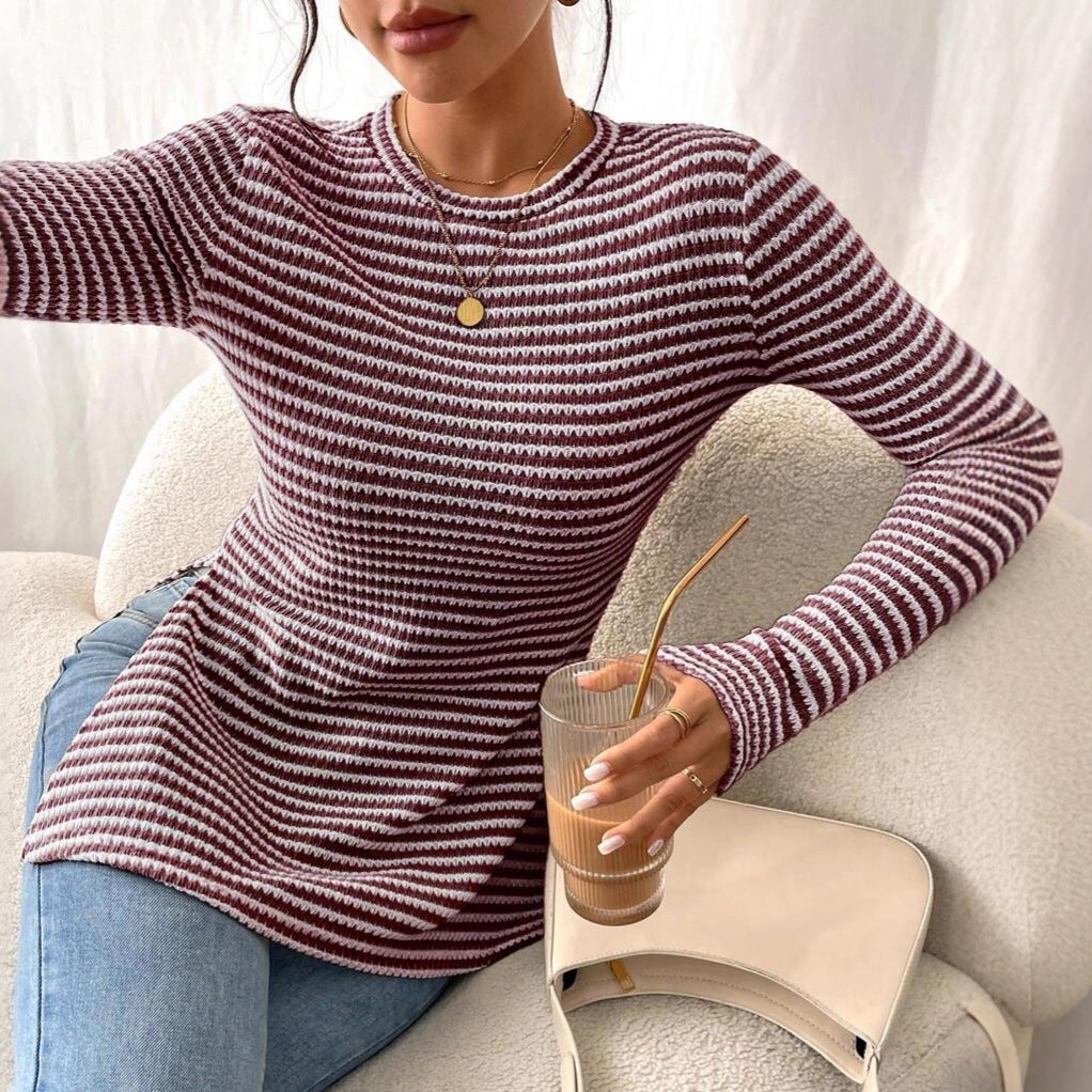 Striped Knit Top Casual Tunic Slim Fit Long Sleeve