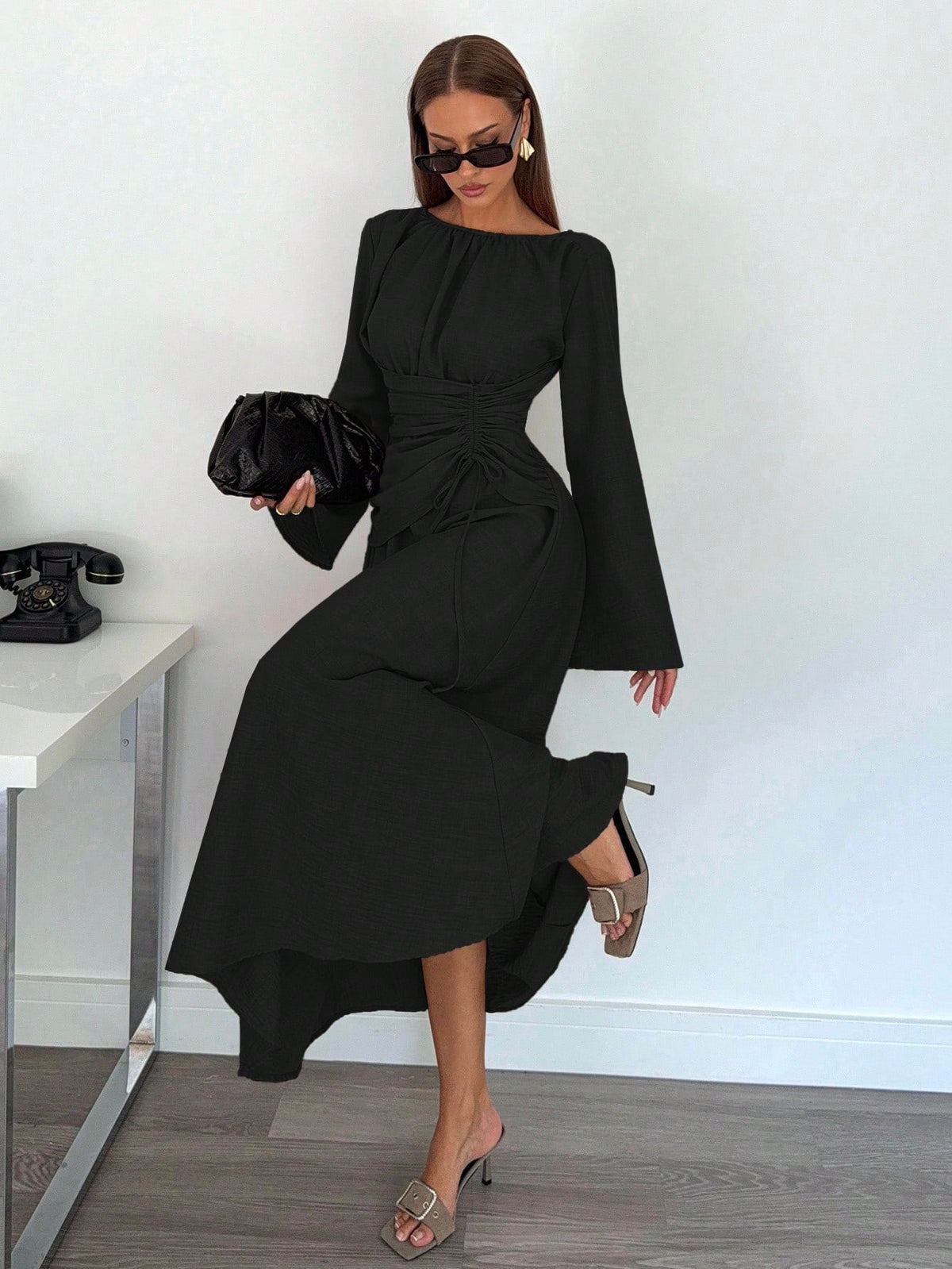 Women's Long Sleeve Tie Waist Ruched Midi Dress