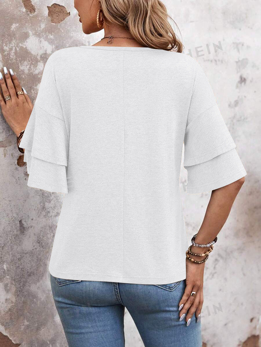 Summer V Neck Ruffle Sleeve Loose Fit Women’s Top