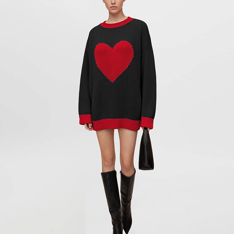 Oversized Heart Color Block Knit Sweater Pullover