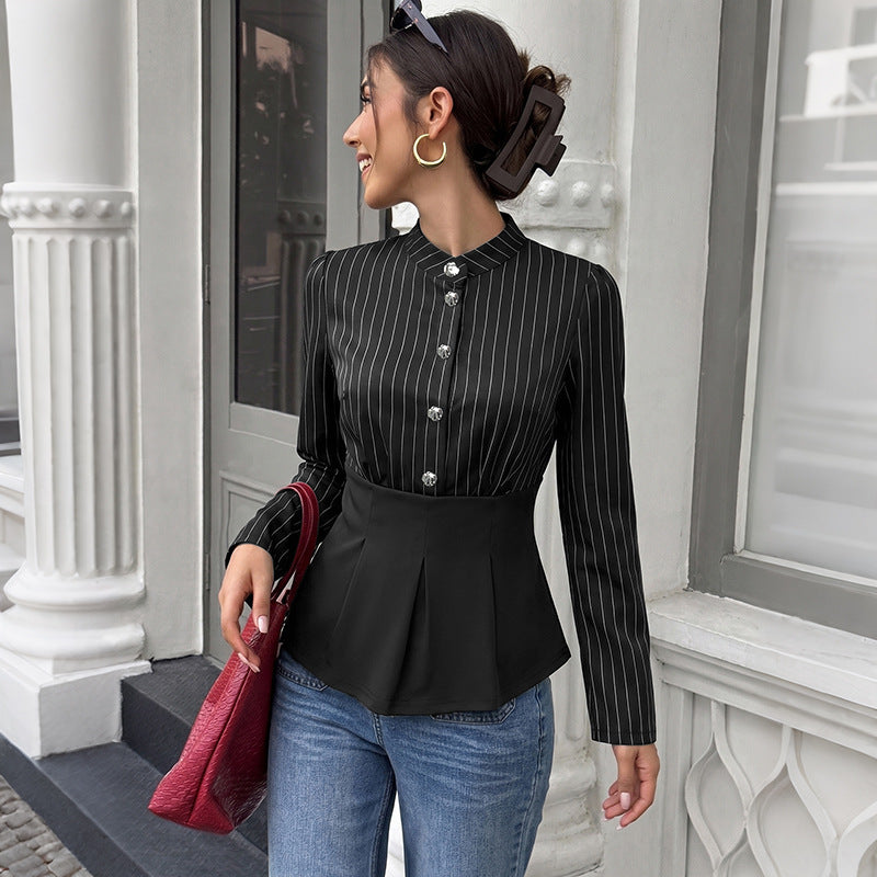 Striped Satin Blouse V Neck Peplum Top Elegant Button Front