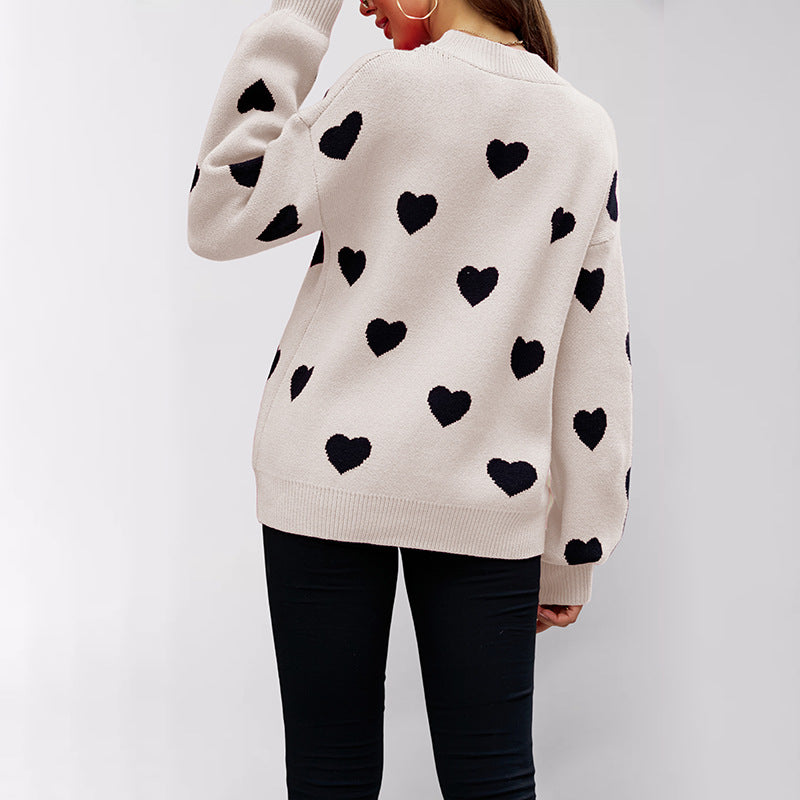 Women's Heart Print Crew Neck Oversized Pullover Sweater