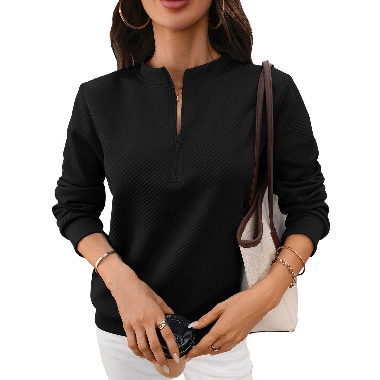 Solid Textured Knit Pullover Quarter Zip Long Sleeve Top