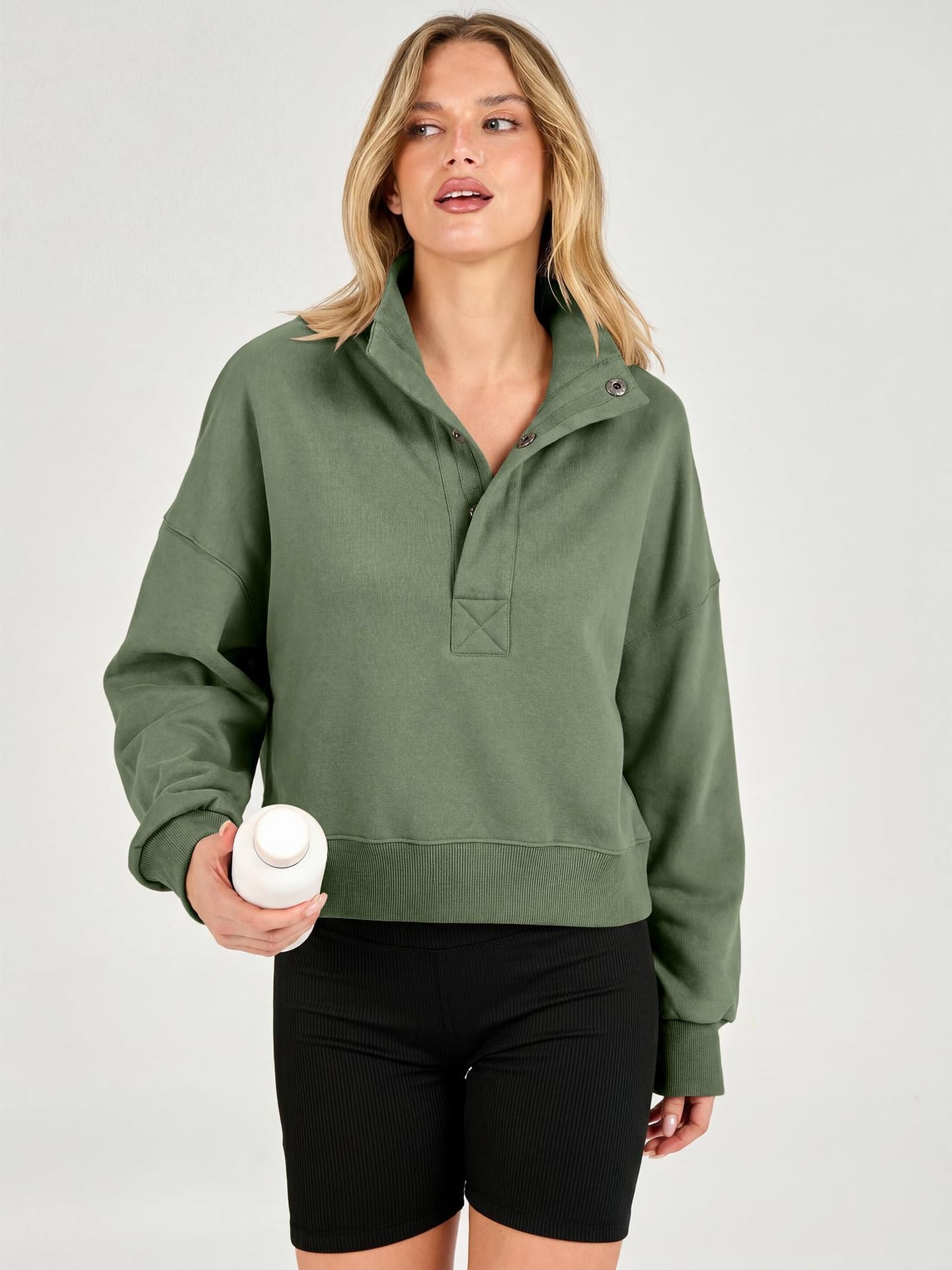 Cropped Henley Sweatshirt Collared Relaxed Fit