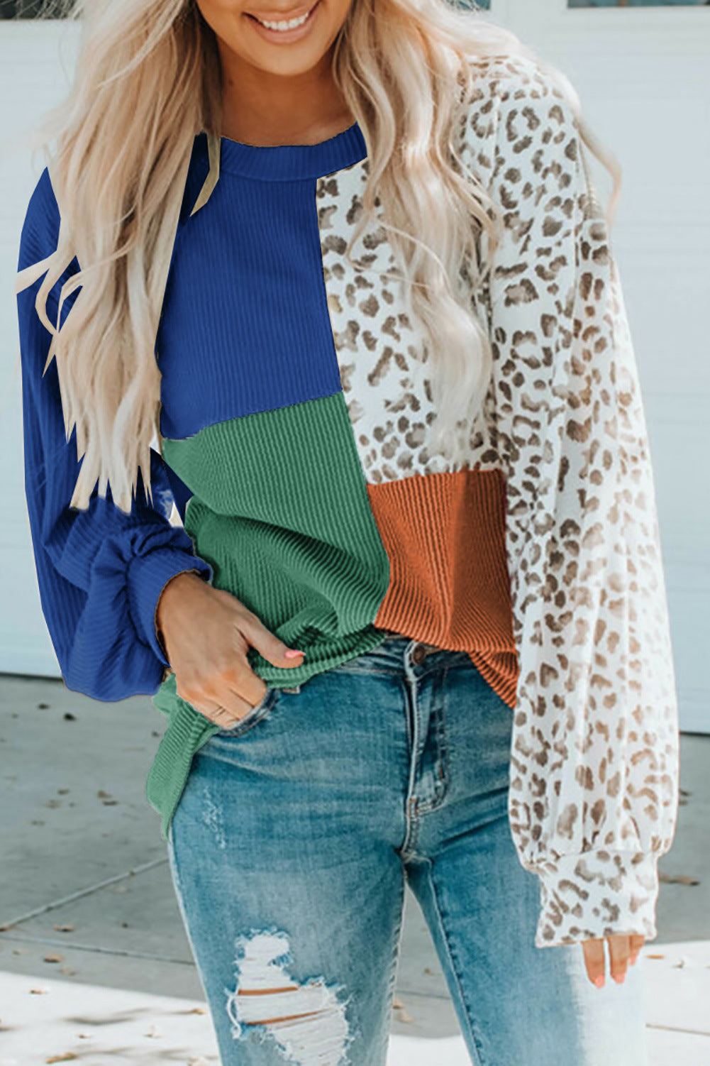 Women's Color Block Leopard Long Sleeve Knit Pullover