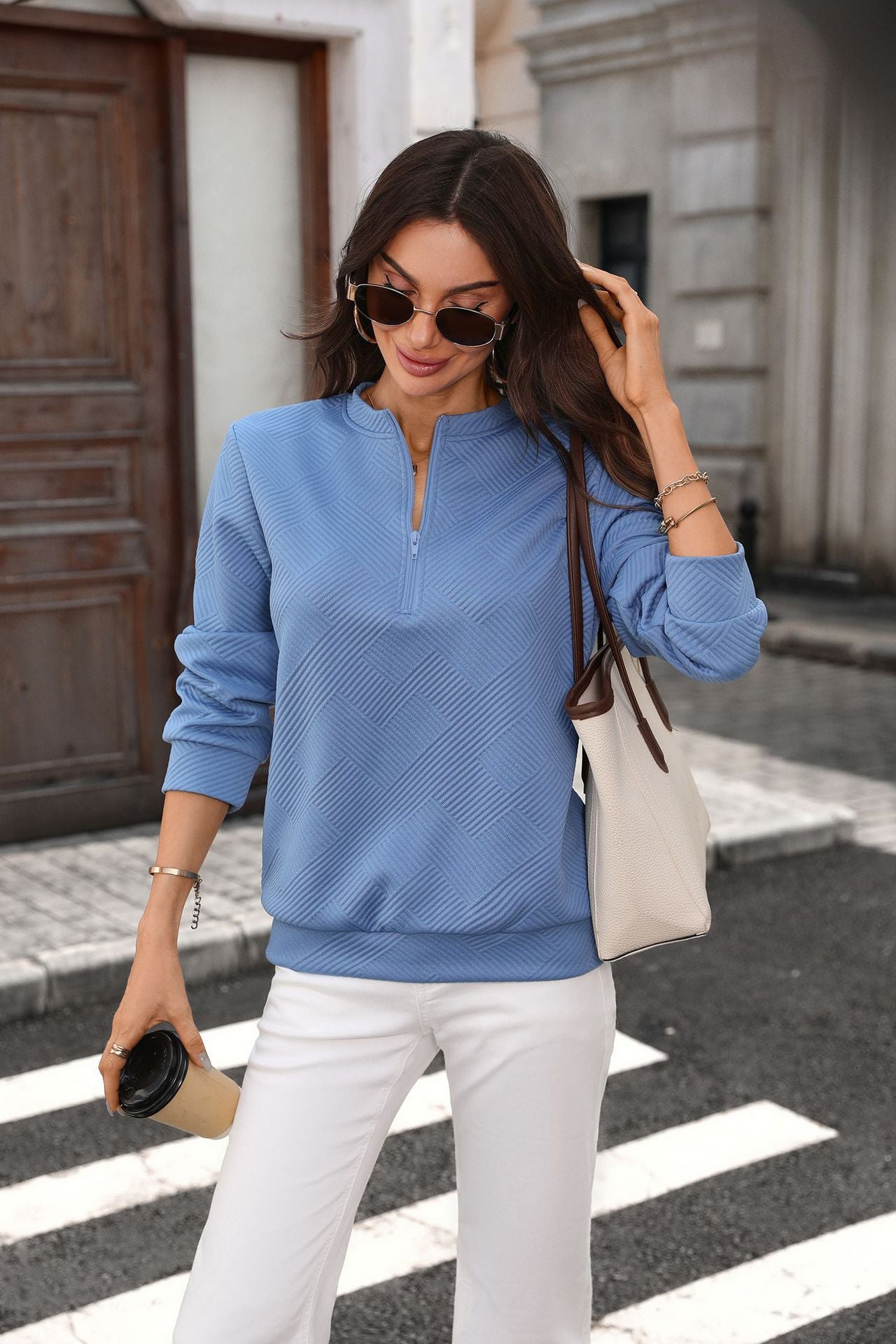 Solid Textured Knit Pullover Quarter Zip Long Sleeve Top