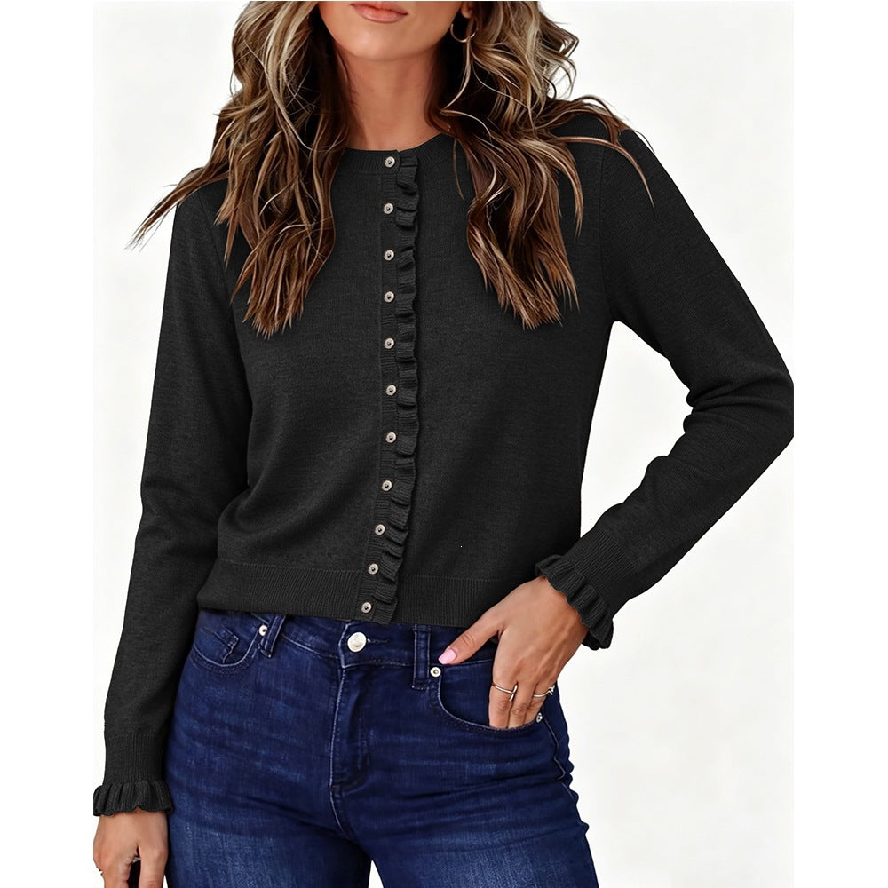 Button Front Knit Sweater Crew Neck Casual Cardigan for Everyday Wear
