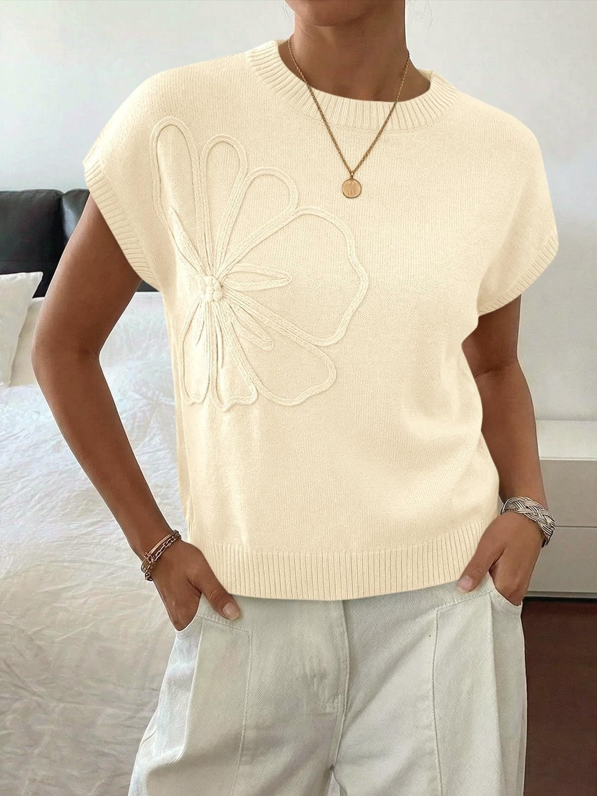 Womens 3D Floral Knit Top Short Sleeve Pullover