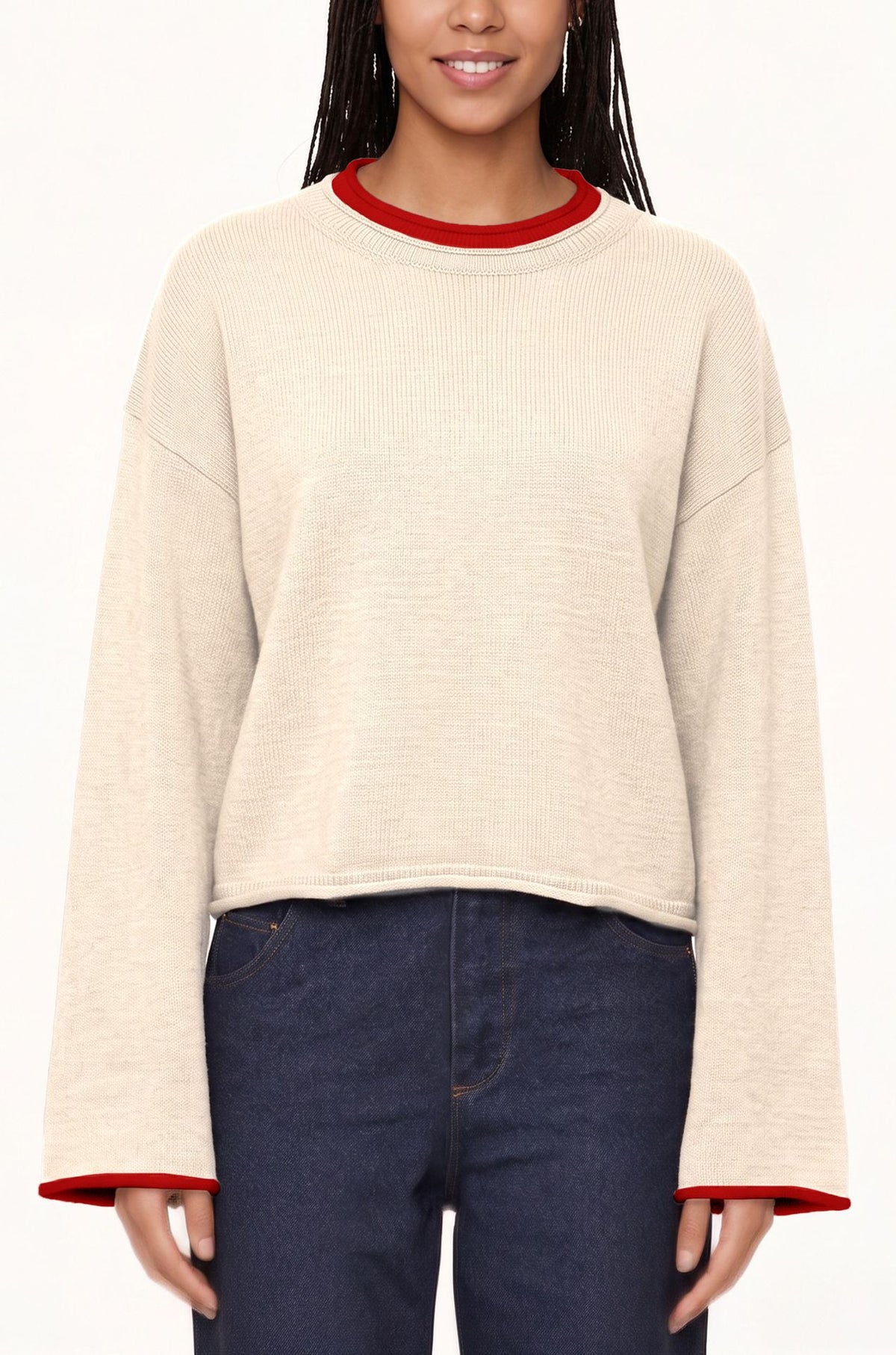 Women's Contrast Trim Crew Neck Oversized Knit Sweater