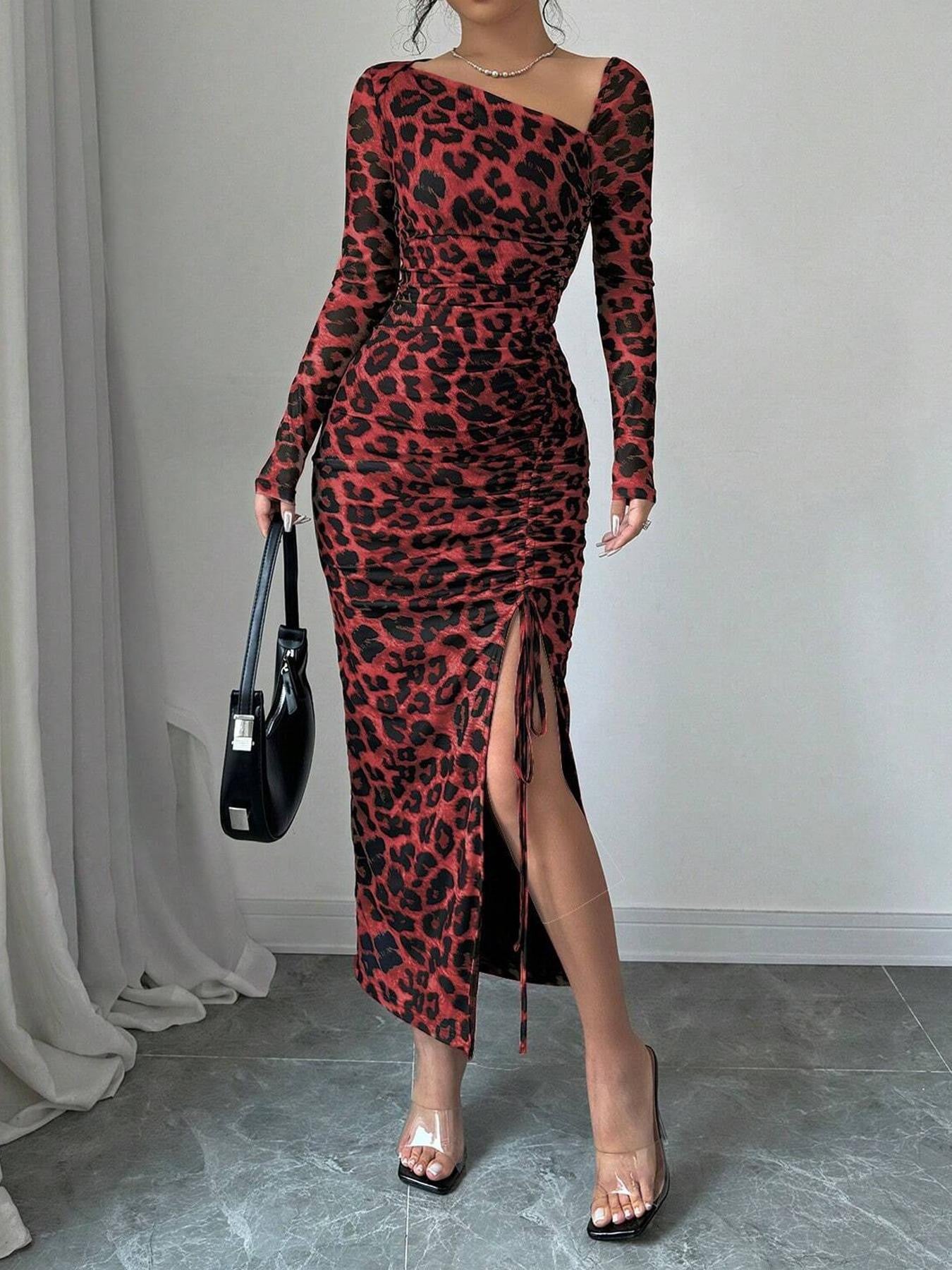 Women’s Leopard Print Bodycon Midi Dress Long Sleeve Ruched