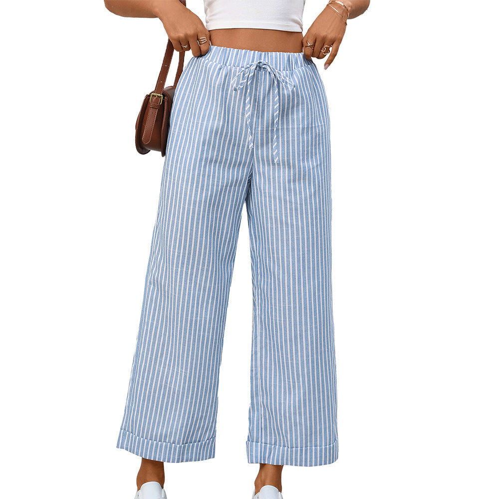 Striped High Waist Cropped Straight Leg Casual Pants