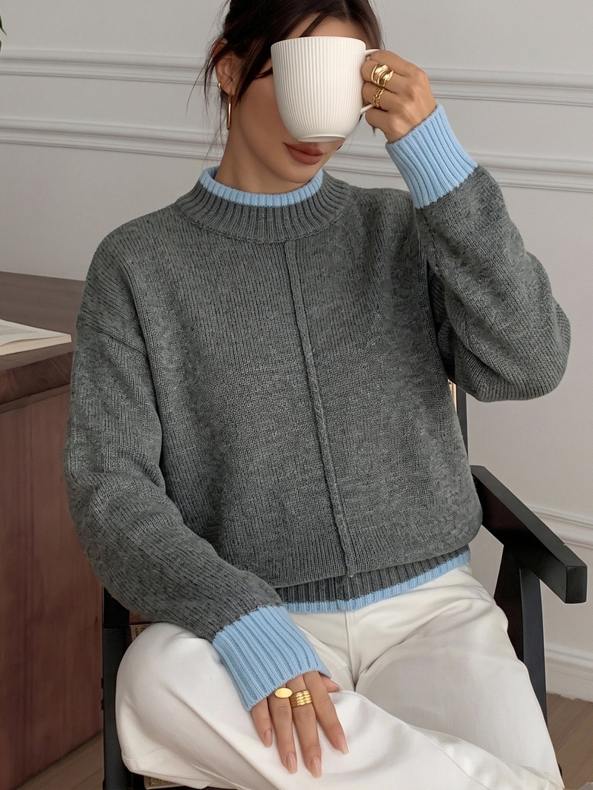 Oversized Color Block Mock Neck Pullover Sweater