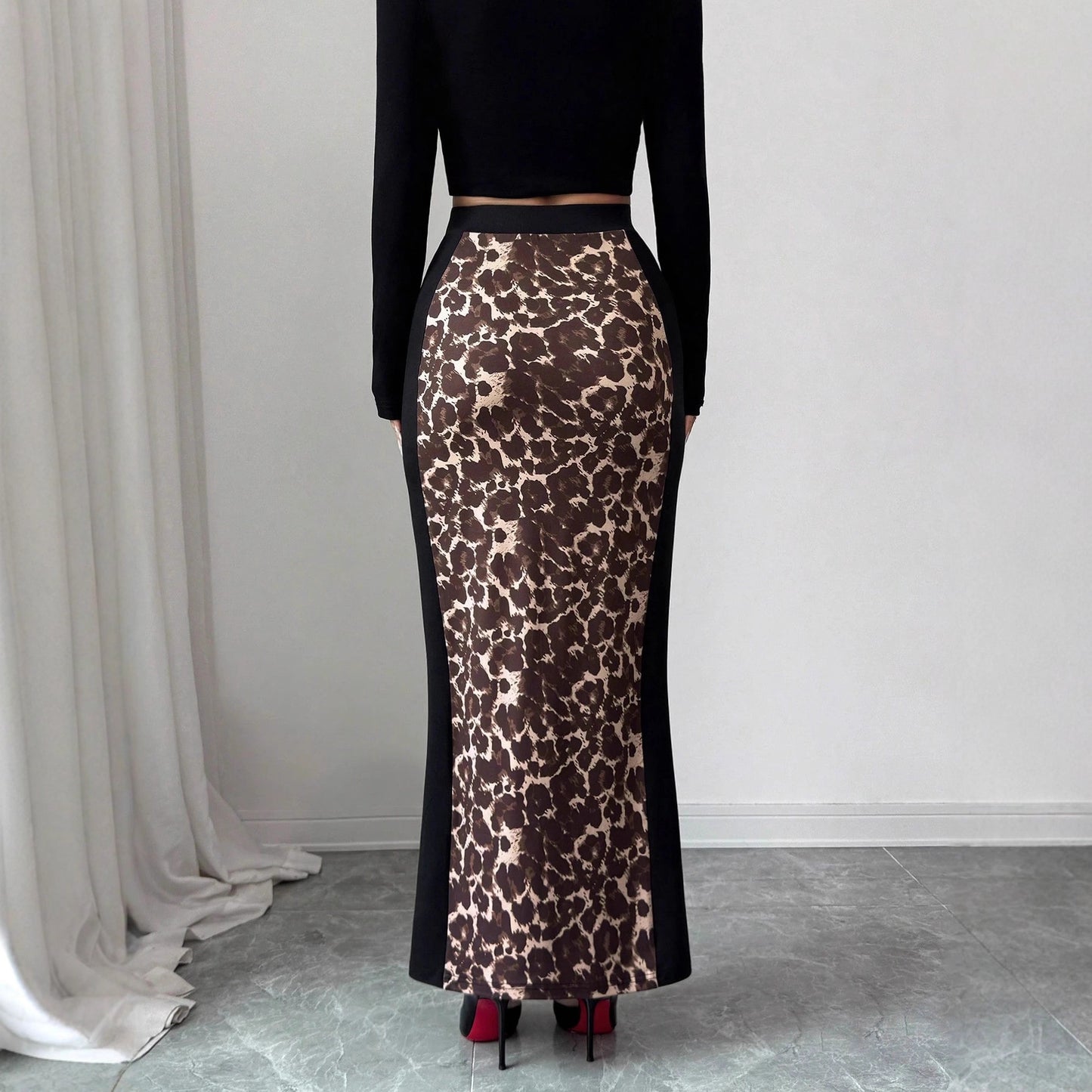 Leopard Print Colorblock High Waist Slit Maxi Skirt