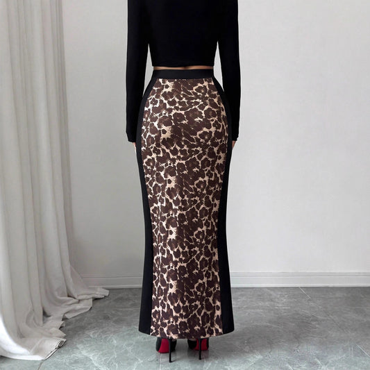 Leopard Print Colorblock High Waist Slit Maxi Skirt