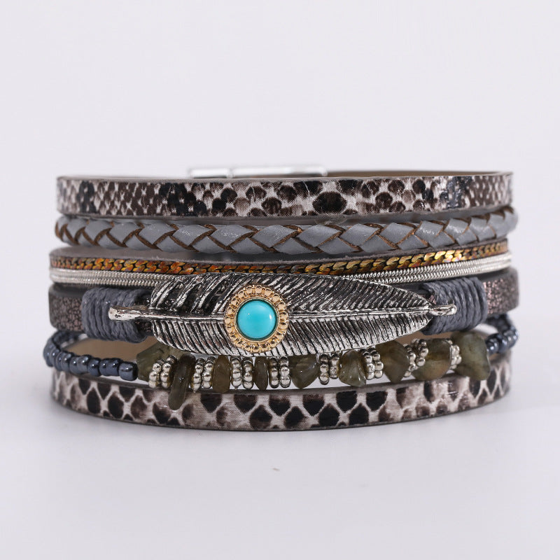 Boho Leather Feather Turquoise Wrap Bracelet for Women
