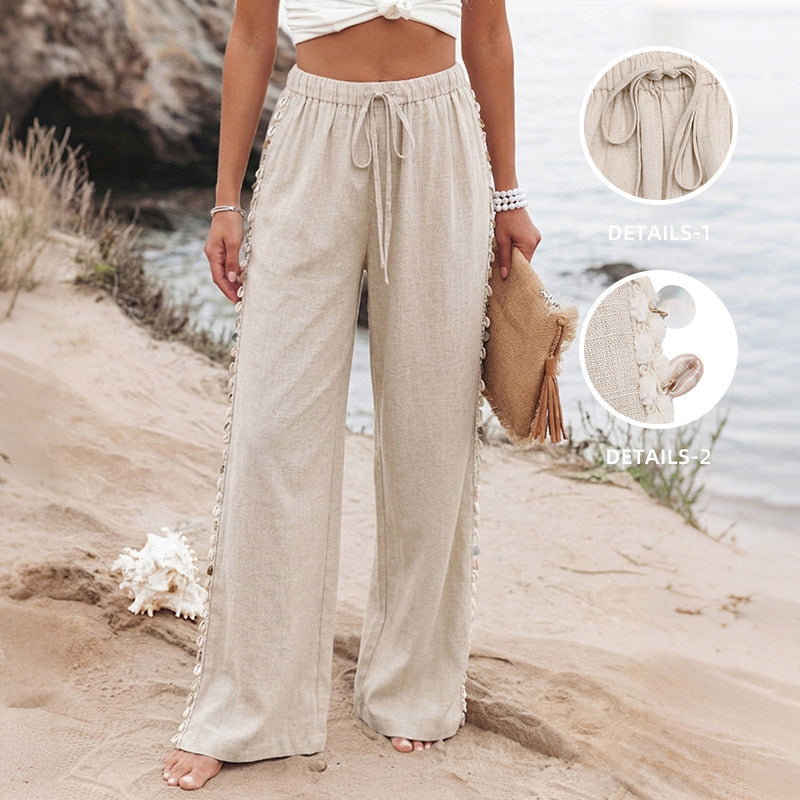 Women Drawstring Side Detail Wide Leg Beach Pants