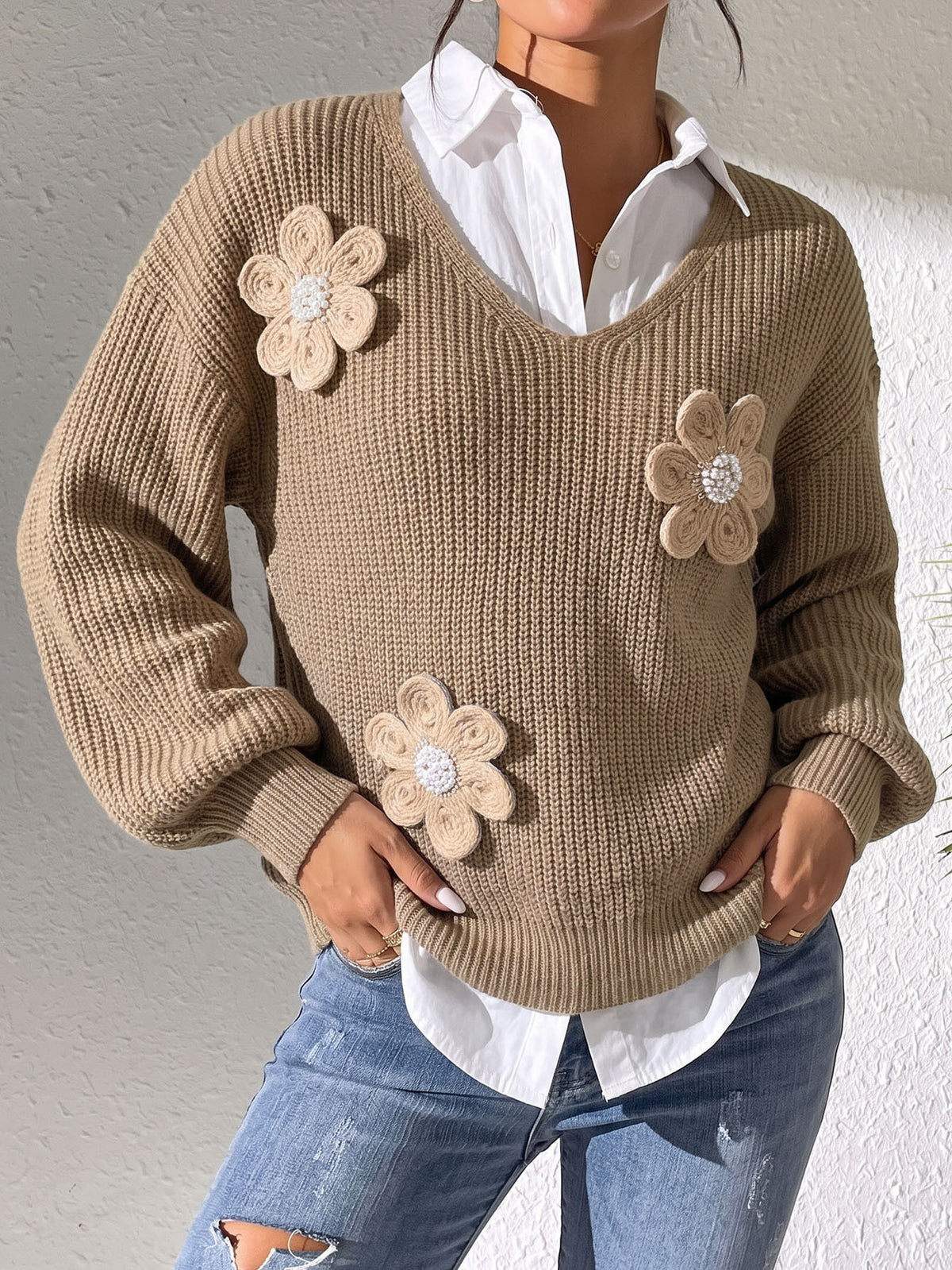 V-Neck Beaded Flower Sweater Balloon Sleeve Pullover