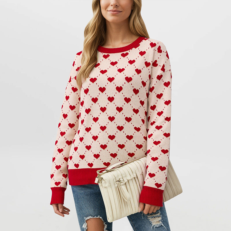Women's Heart Print Crewneck Sweater Oversized Pullover
