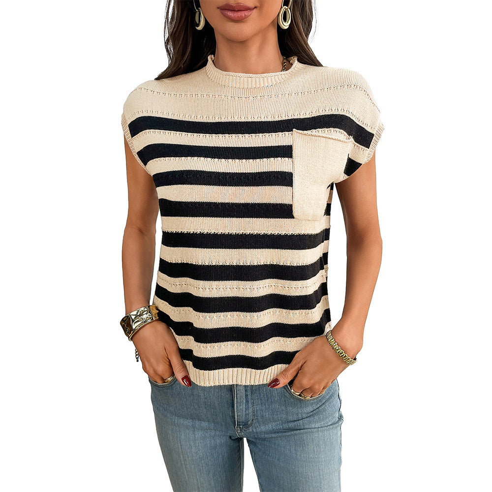 Women’s Striped Knit Top Crew Neck Sleeveless Summer Tee