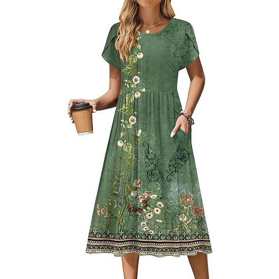 Boho Floral Midi Dress for Women Round Neck Short Sleeve
