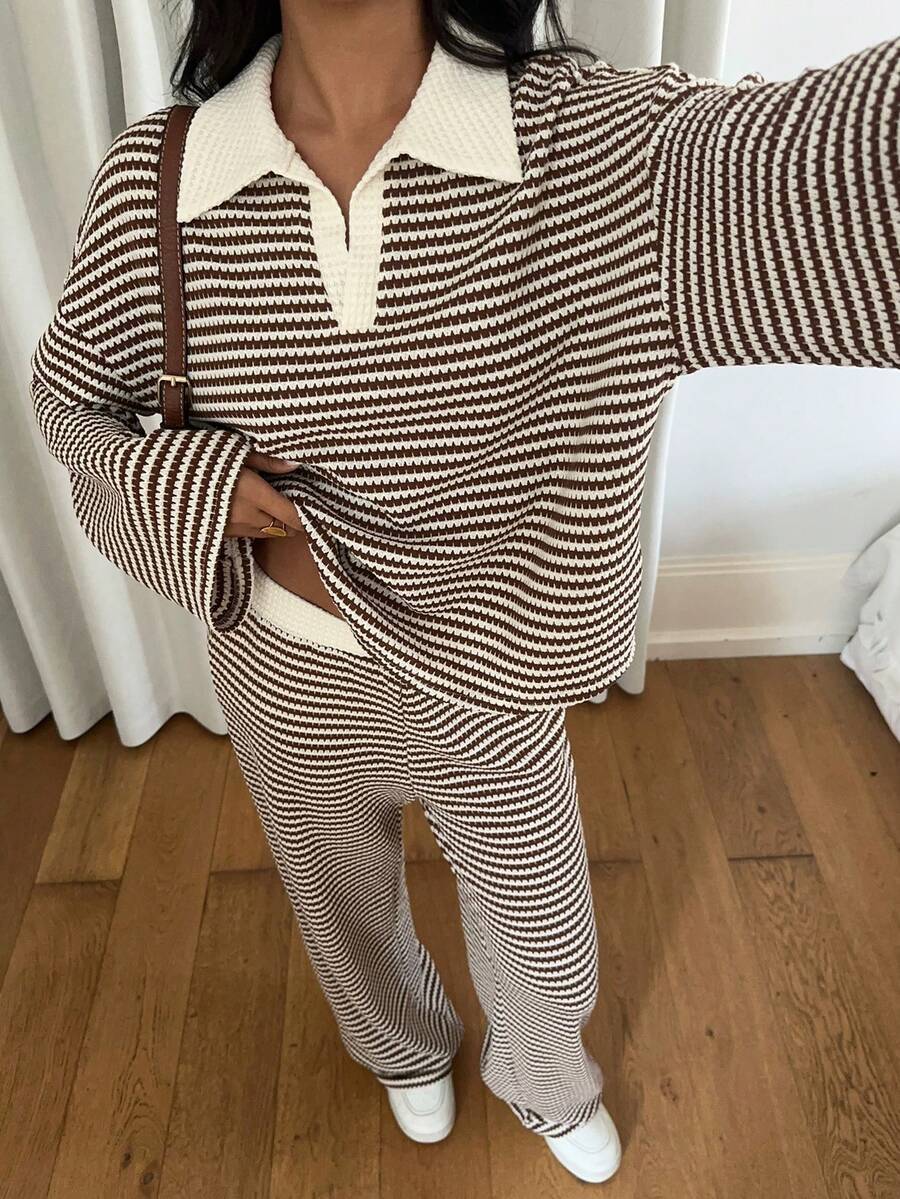 Women's Knit Stripe Loungewear Set Long Sleeve Top Pants