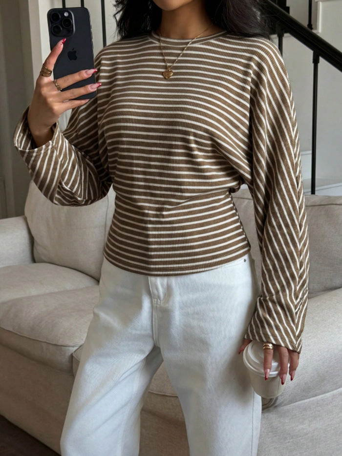 Women's Striped Batwing Waffle Knit Long Sleeve Top