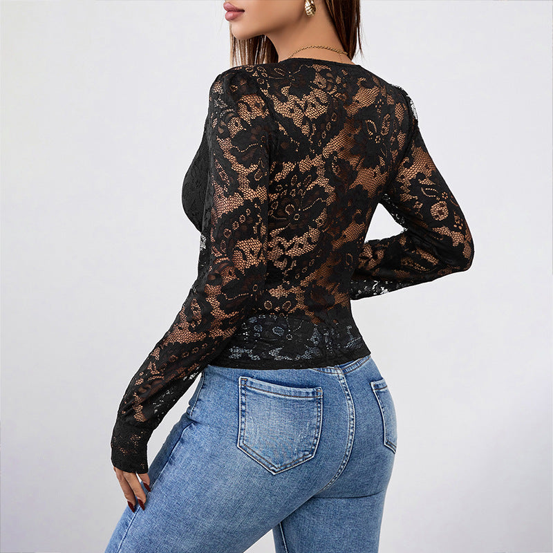 Elegant Black Lace V-Neck Long Sleeve Slim Fit Top