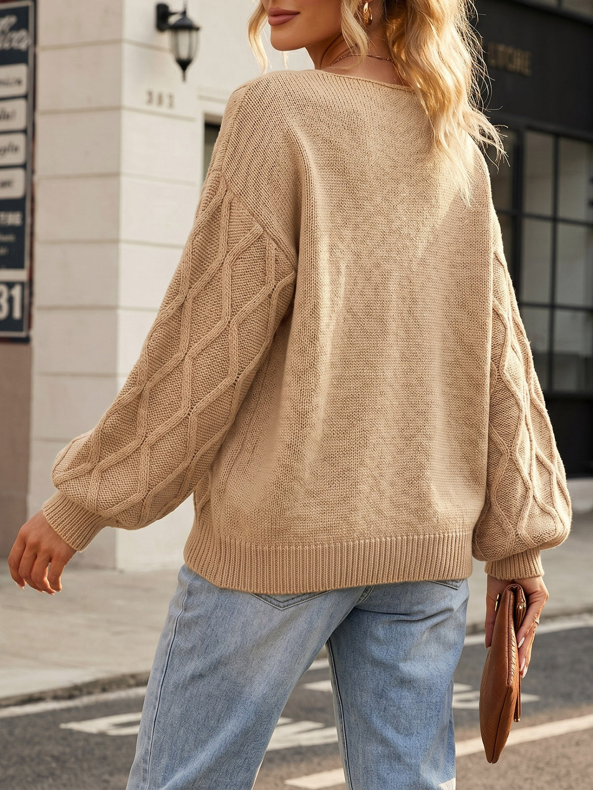 Oversized V Neck Cable Knit Pullover Sweater