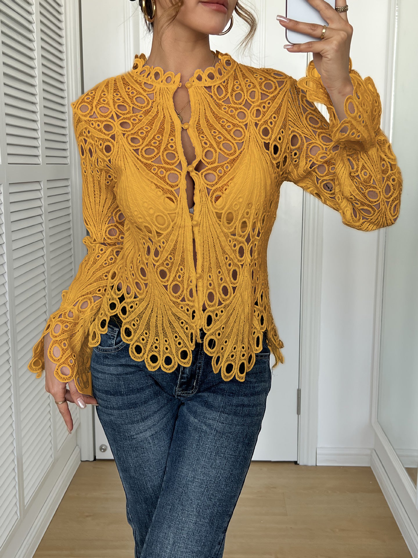 Crochet Lace Blouse with Sheer Bell Sleeves and Buttons