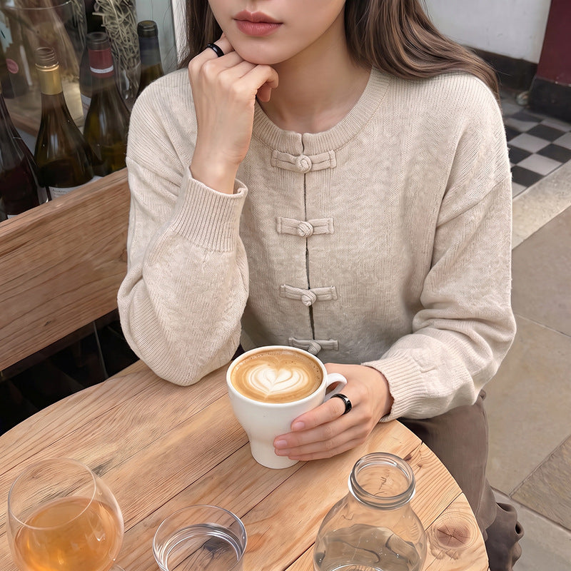 Frog Button Crew Neck Knit Cardigan Sweater