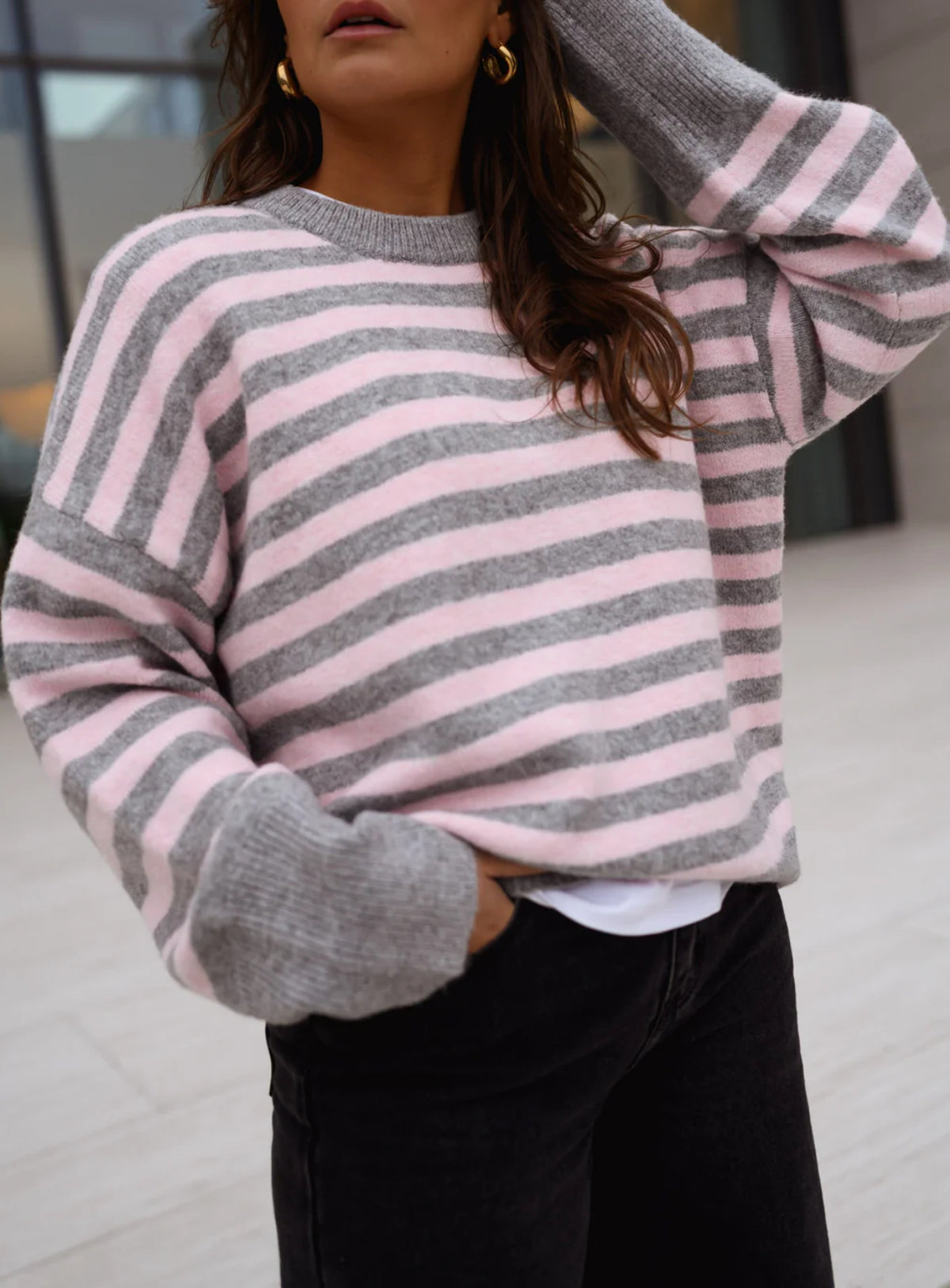 Oversized Striped Color Block Crewneck Knit Sweater