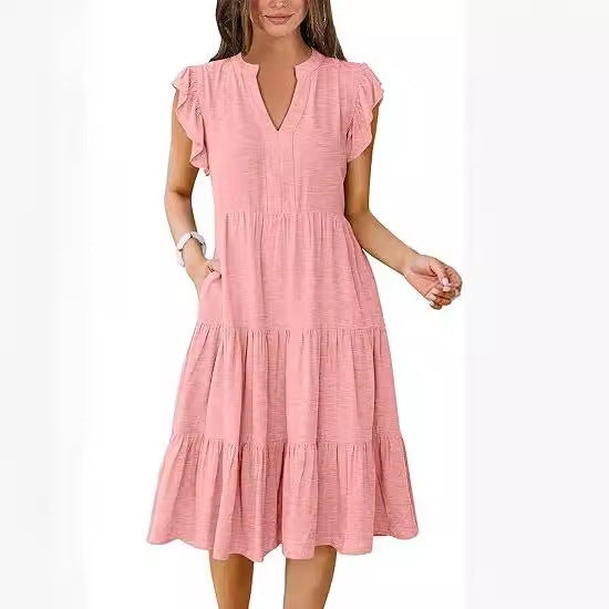 V Neck Flutter Sleeve Tiered Midi Dress with Pockets