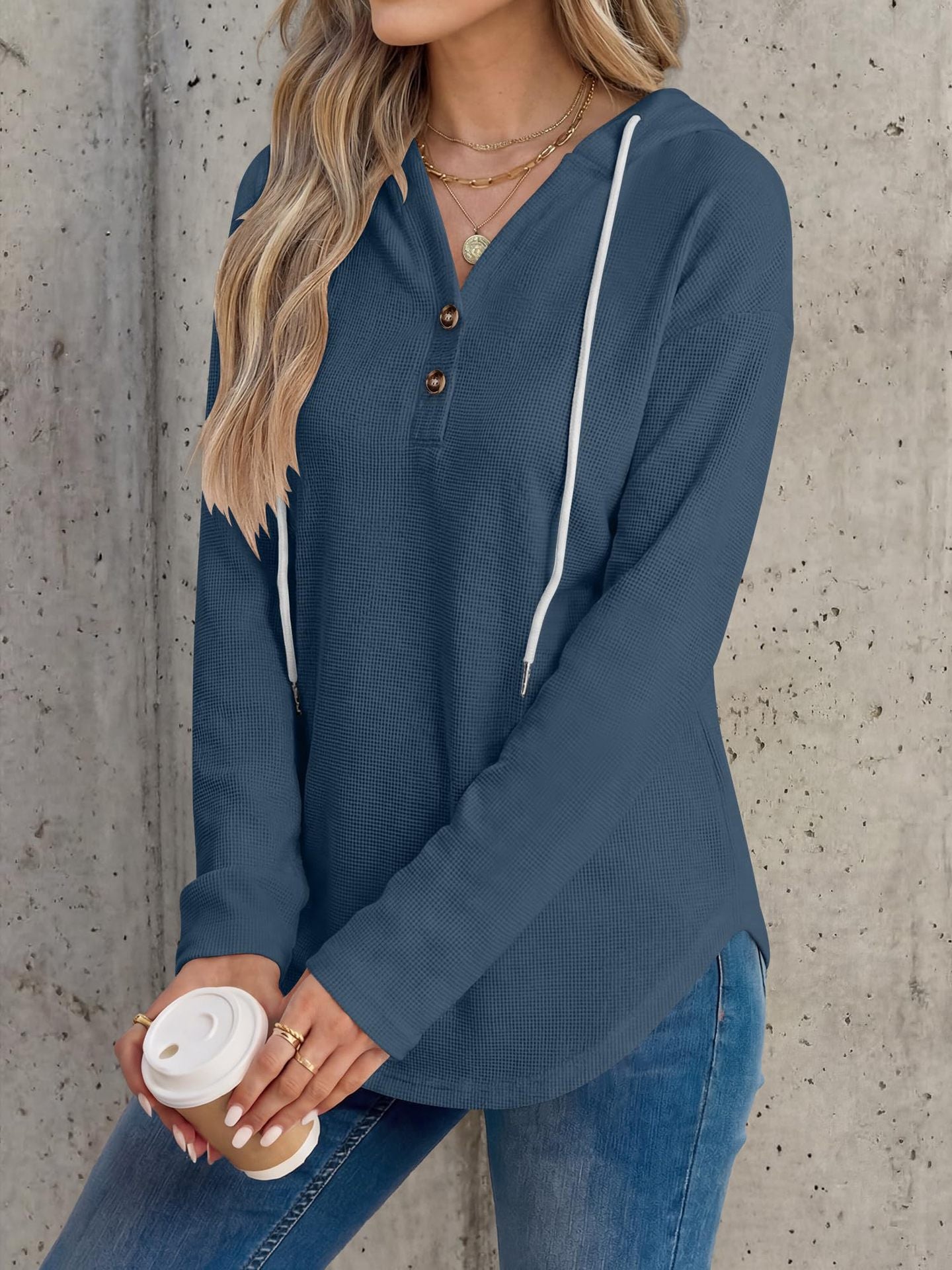 Solid Waffle Hoodie Pullover Casual Button Long Sleeve