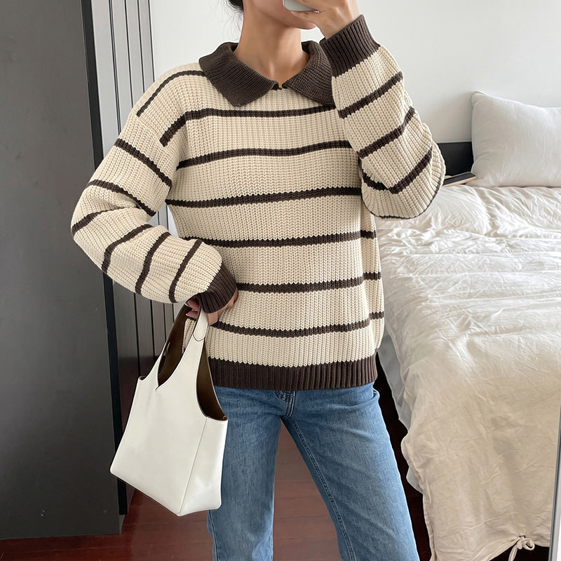 Striped Polo Knit Sweater Relaxed Fit Long Sleeve Pullover