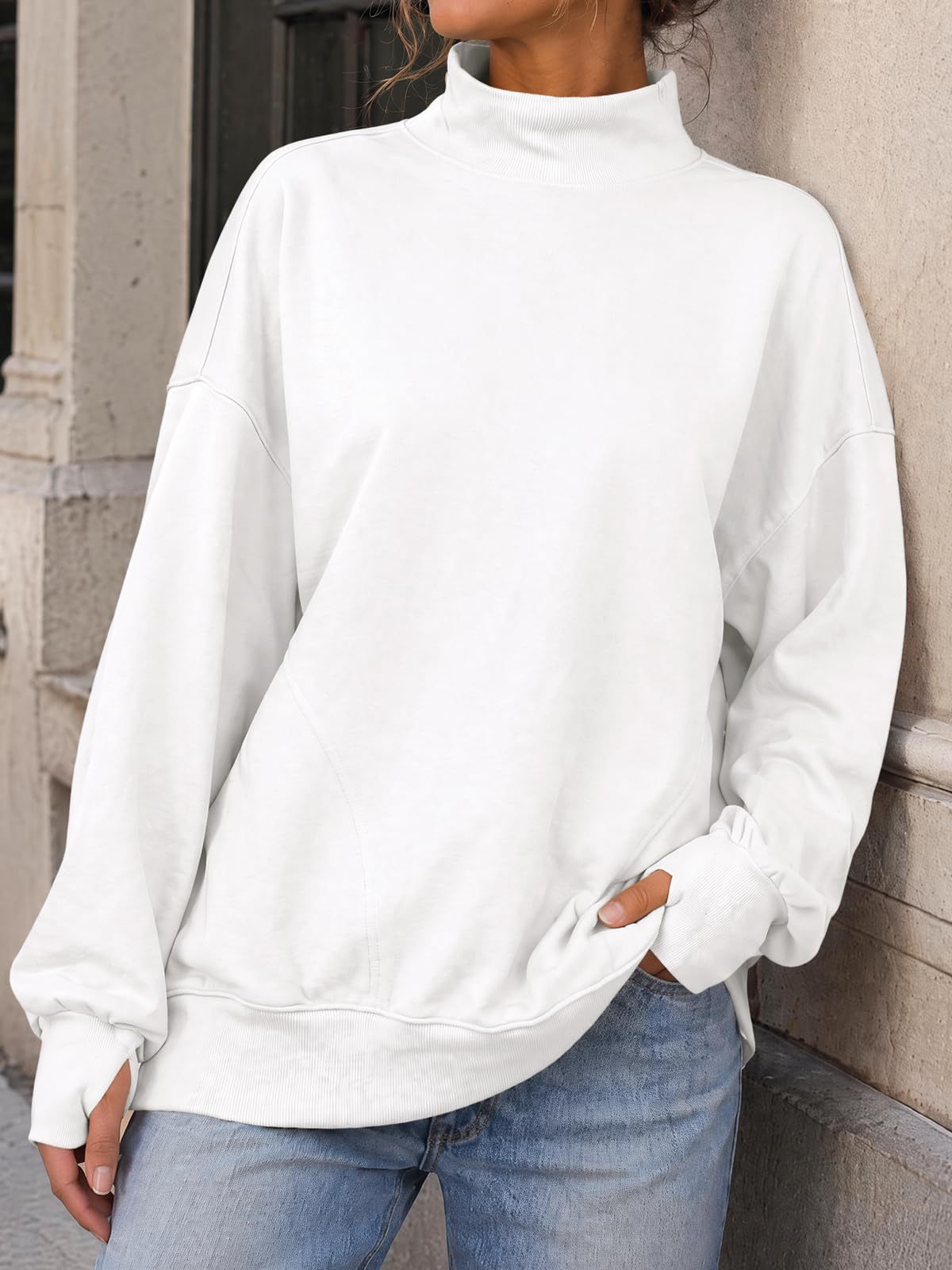 Mock Neck Oversized Womens Sweatshirt Solid Pullover Top