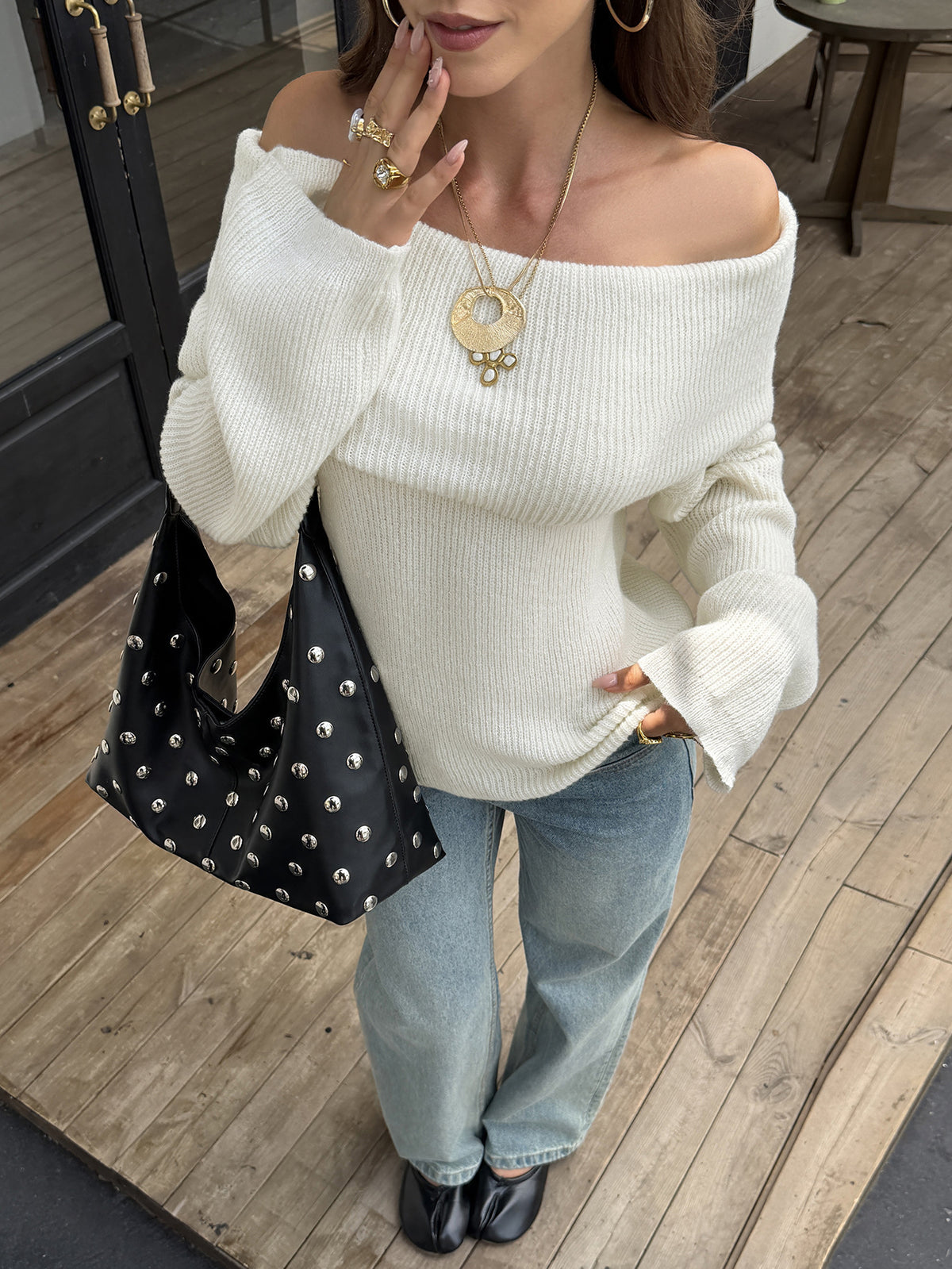 Women's Off Shoulder Bell Sleeve Knit Sweater Top