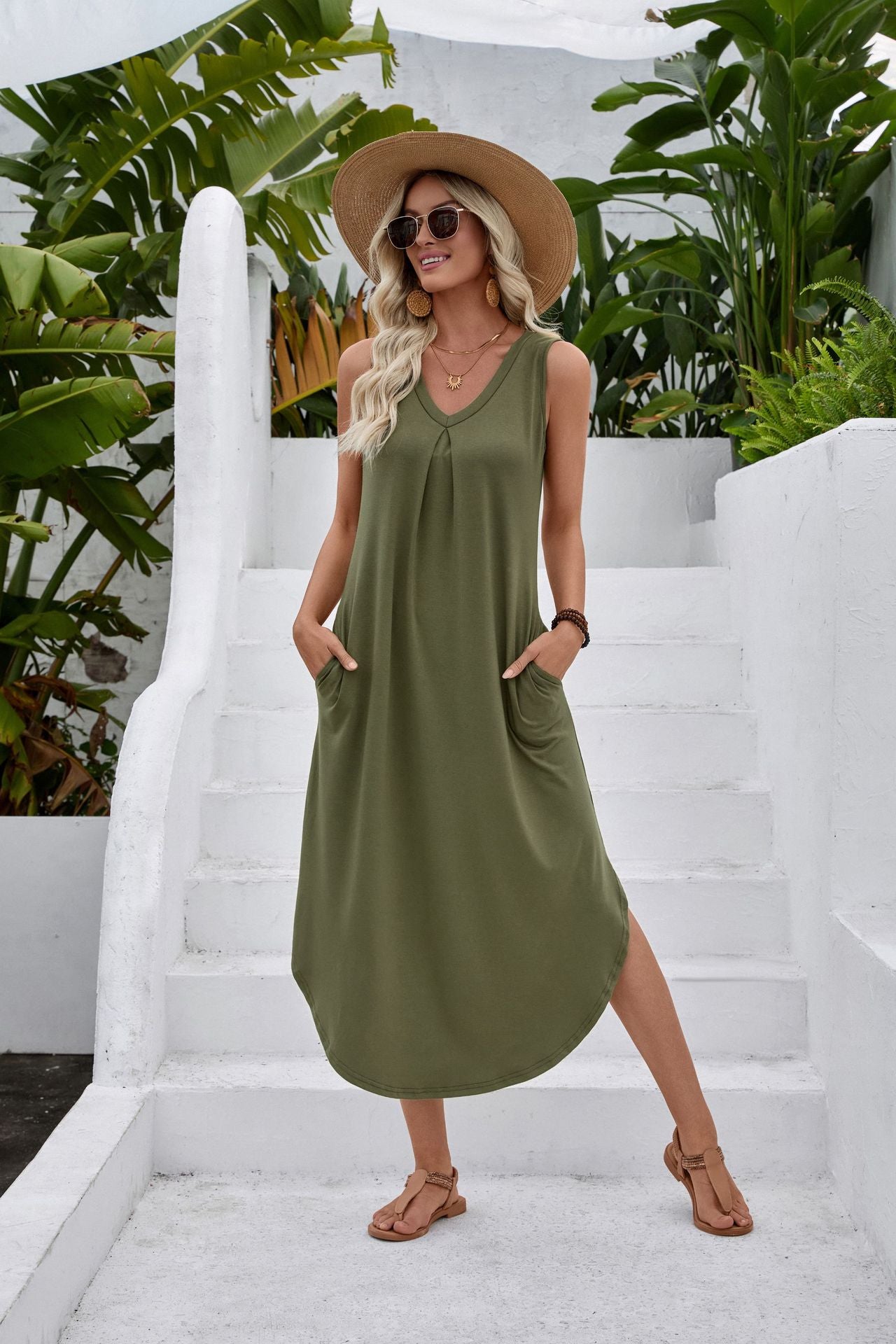 Solid Rayon Maxi Dress V Neck Sleeveless Boho Casual
