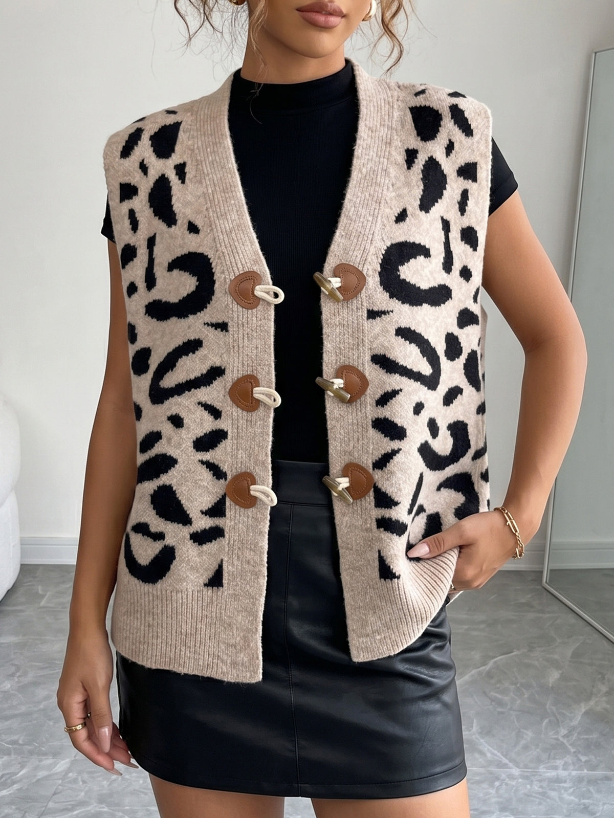 Women Leopard Sweater Vest V-Neck Toggle Button Knit