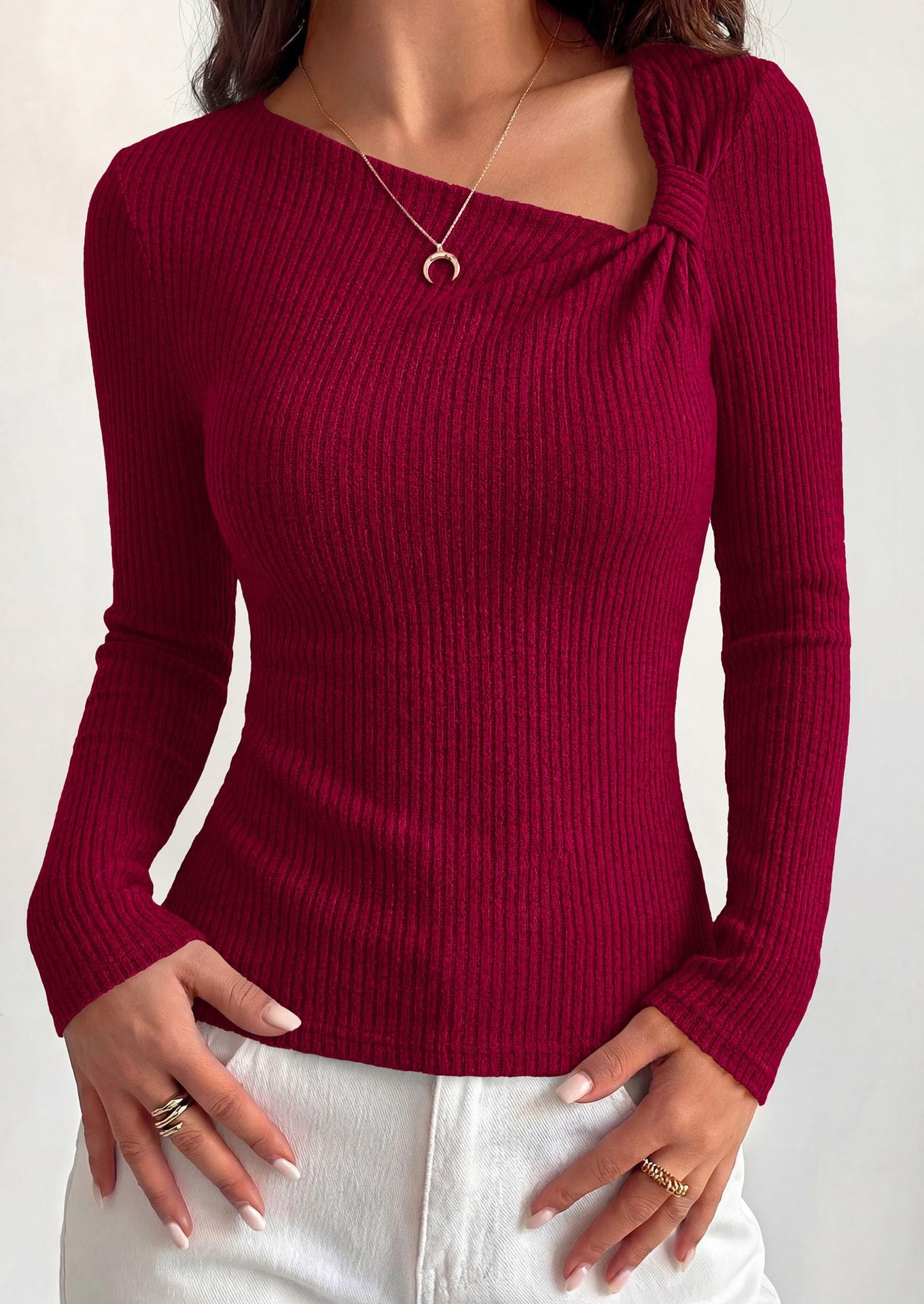 Asymmetrical Ribbed Knit Long Sleeve Sweater Top