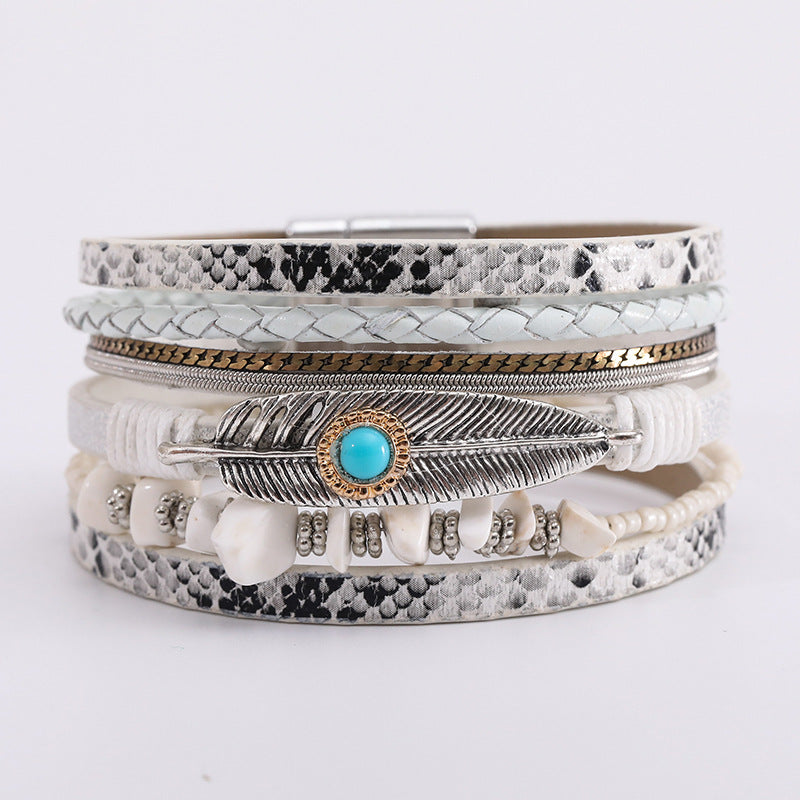Boho Leather Feather Turquoise Wrap Bracelet for Women