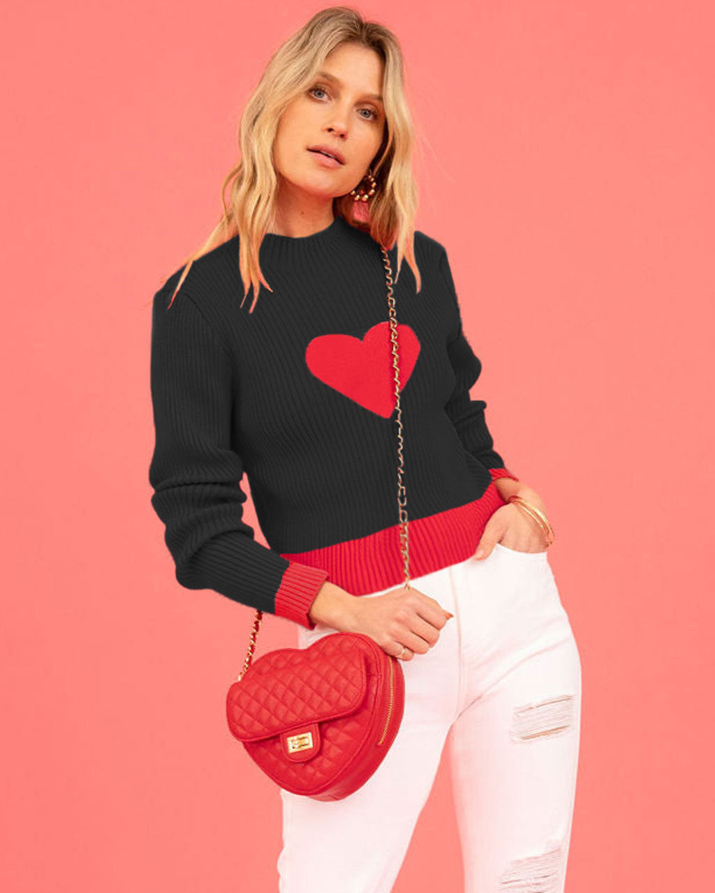 Women's Colorblock Heart Mock Neck Cropped Sweater