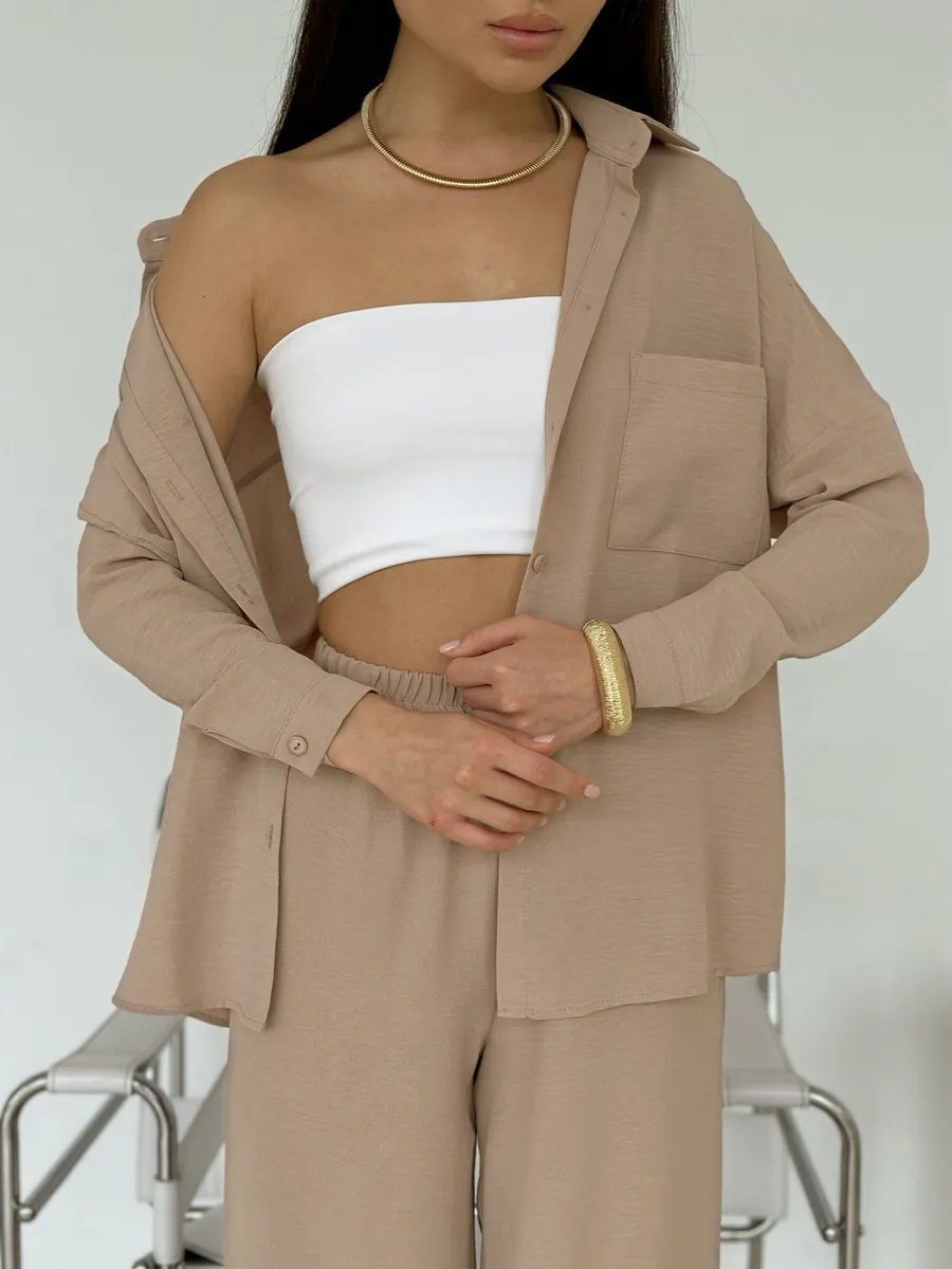 Two Piece Pants Set with Button-Down Shirt & Wide-Leg Pants